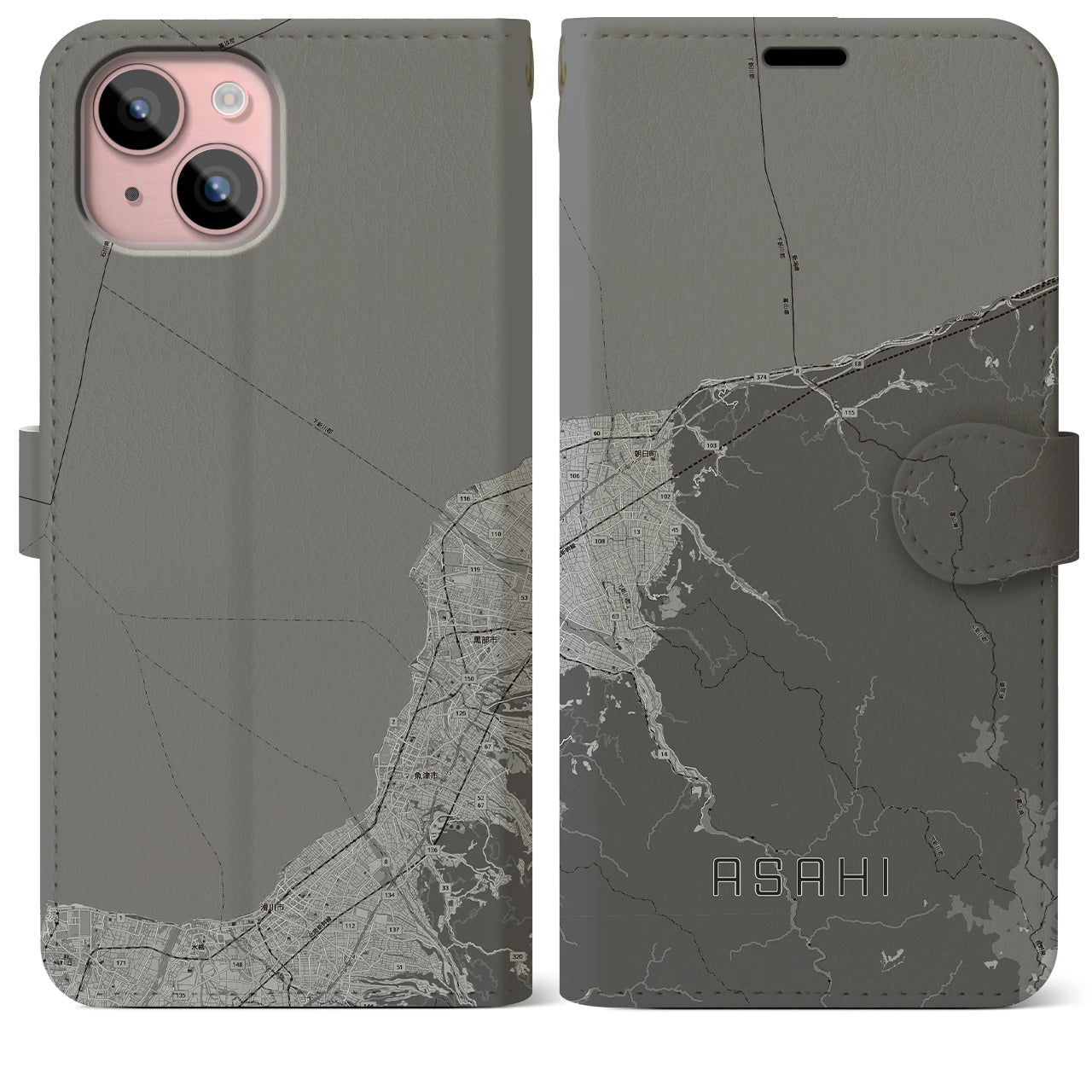 【朝日(富山県)】地図柄iPhoneケース(手帳タイプ)モノトーン・iPhone 15 Plus 用