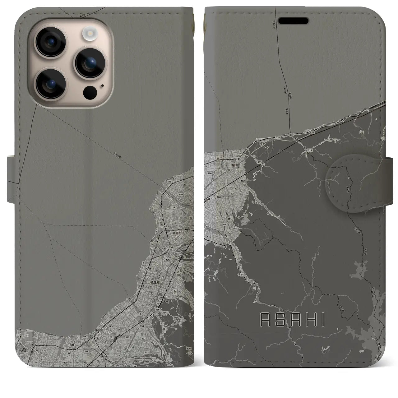 【朝日(富山県)】地図柄iPhoneケース(手帳タイプ)モノトーン・iPhone 16 Plus 用