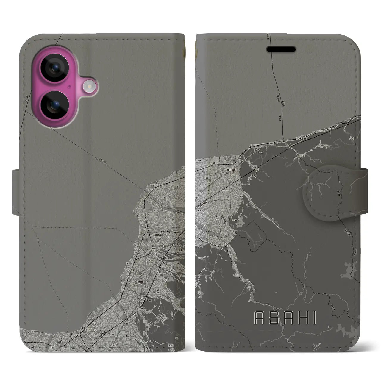 【朝日(富山県)】地図柄iPhoneケース(手帳タイプ)モノトーン・iPhone 16 Pro 用