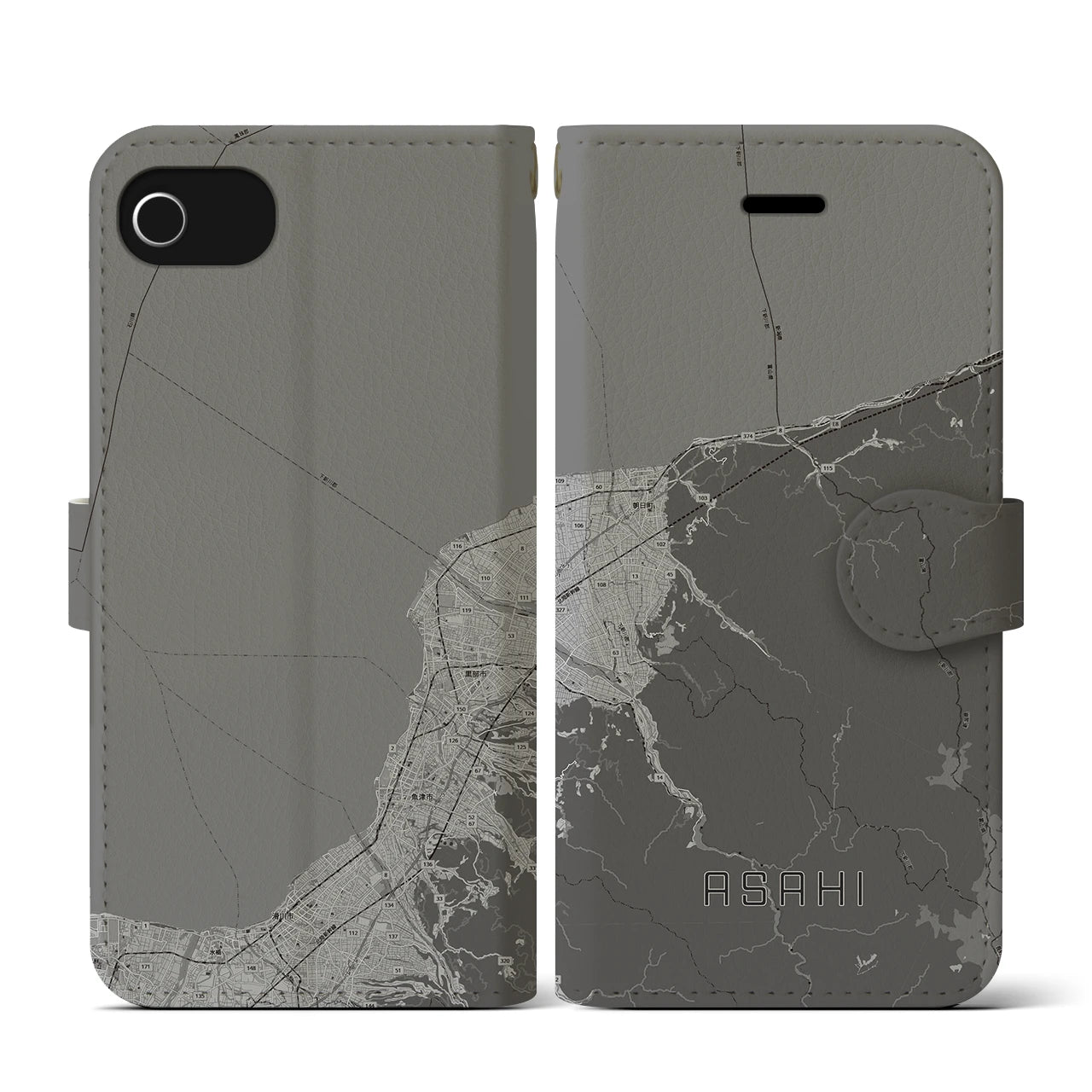 【朝日(富山県)】地図柄iPhoneケース(手帳タイプ)モノトーン・iPhone SE(第3 / 第2世代) / 8 / 7 / 6s / 6 用