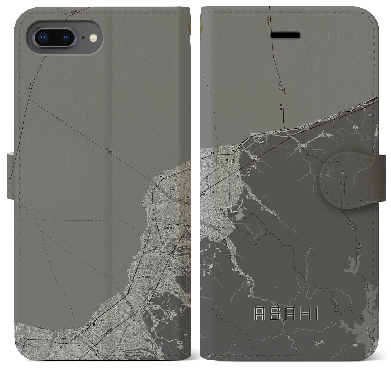 【朝日(富山県)】地図柄iPhoneケース(手帳タイプ)モノトーン・iPhone 8Plus /7Plus / 6sPlus / 6Plus 用
