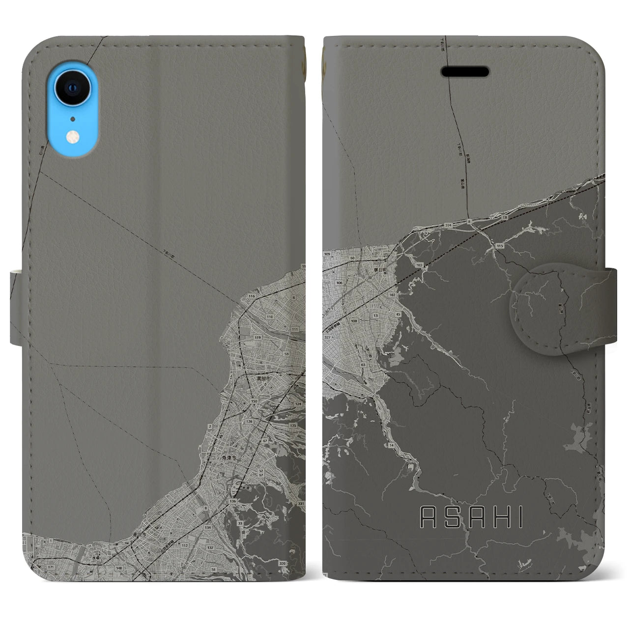 【朝日(富山県)】地図柄iPhoneケース(手帳タイプ)モノトーン・iPhone XR 用