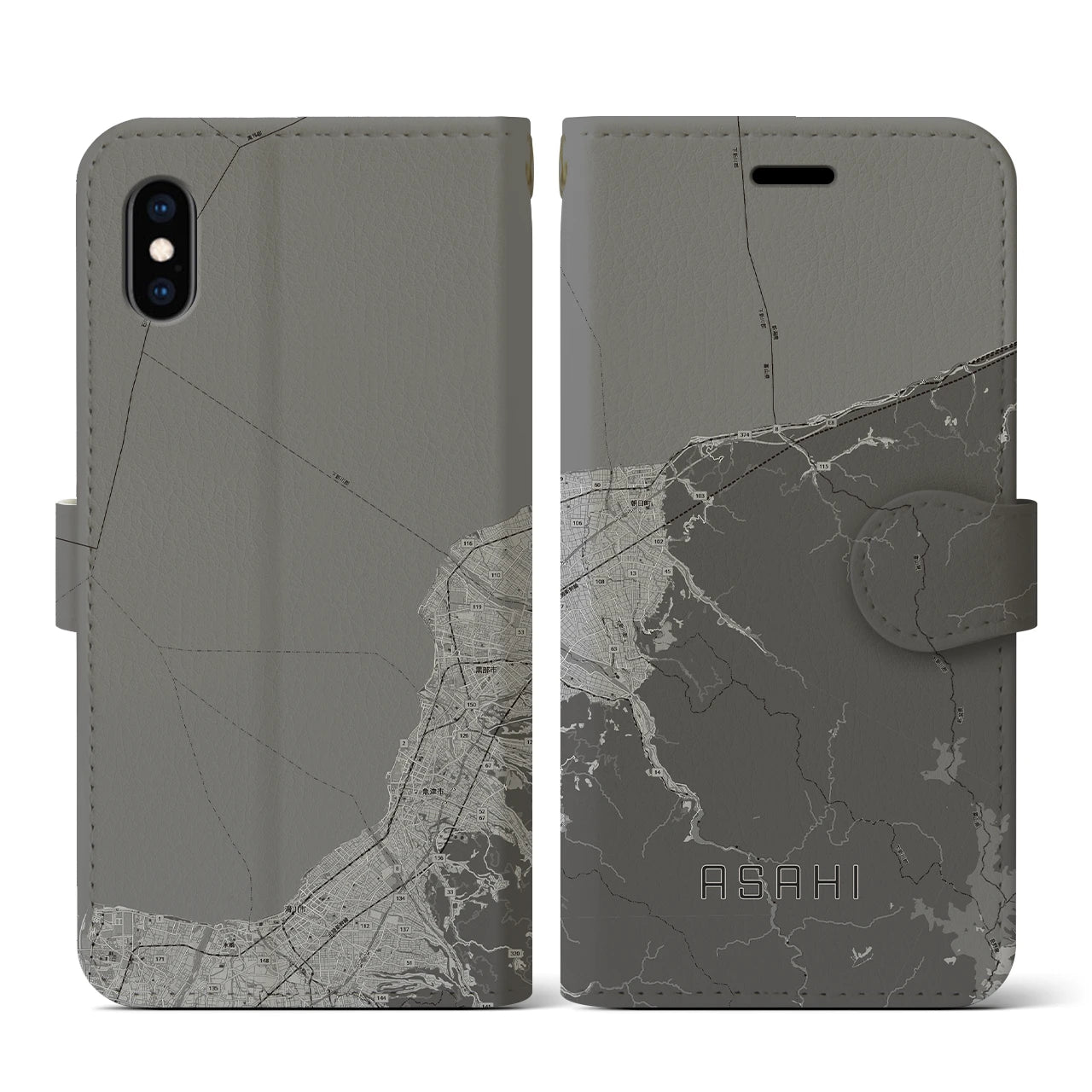 【朝日(富山県)】地図柄iPhoneケース(手帳タイプ)モノトーン・iPhone XS / X 用
