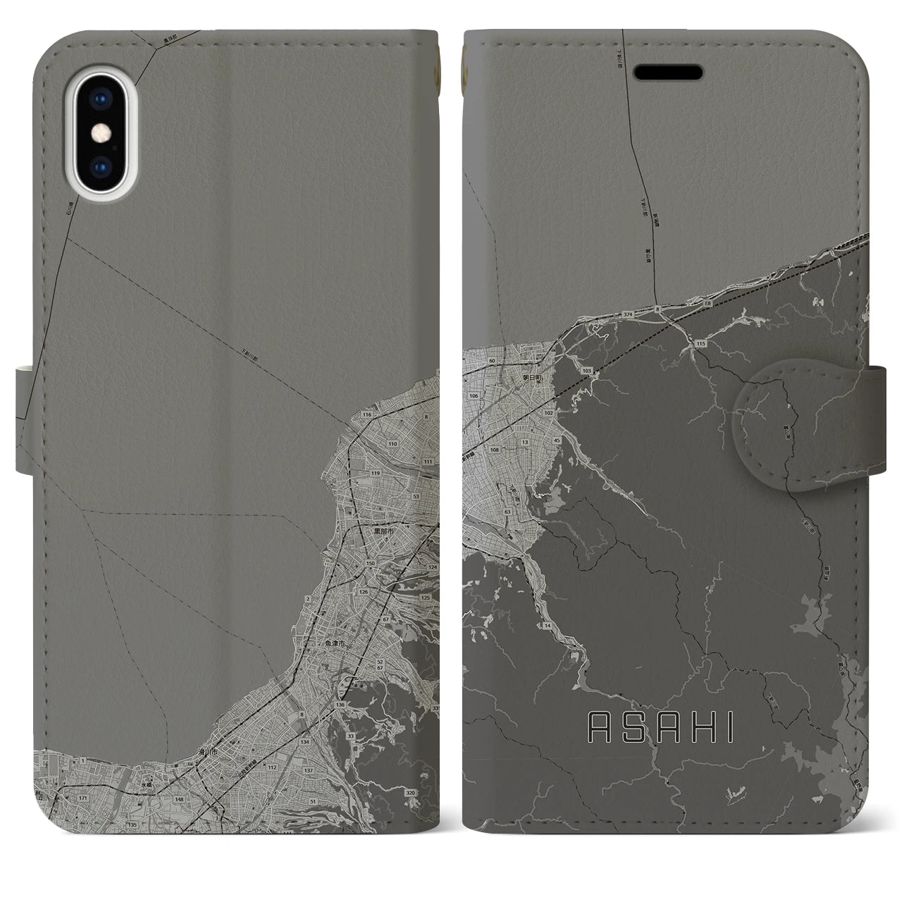 【朝日(富山県)】地図柄iPhoneケース(手帳タイプ)モノトーン・iPhone XS Max 用