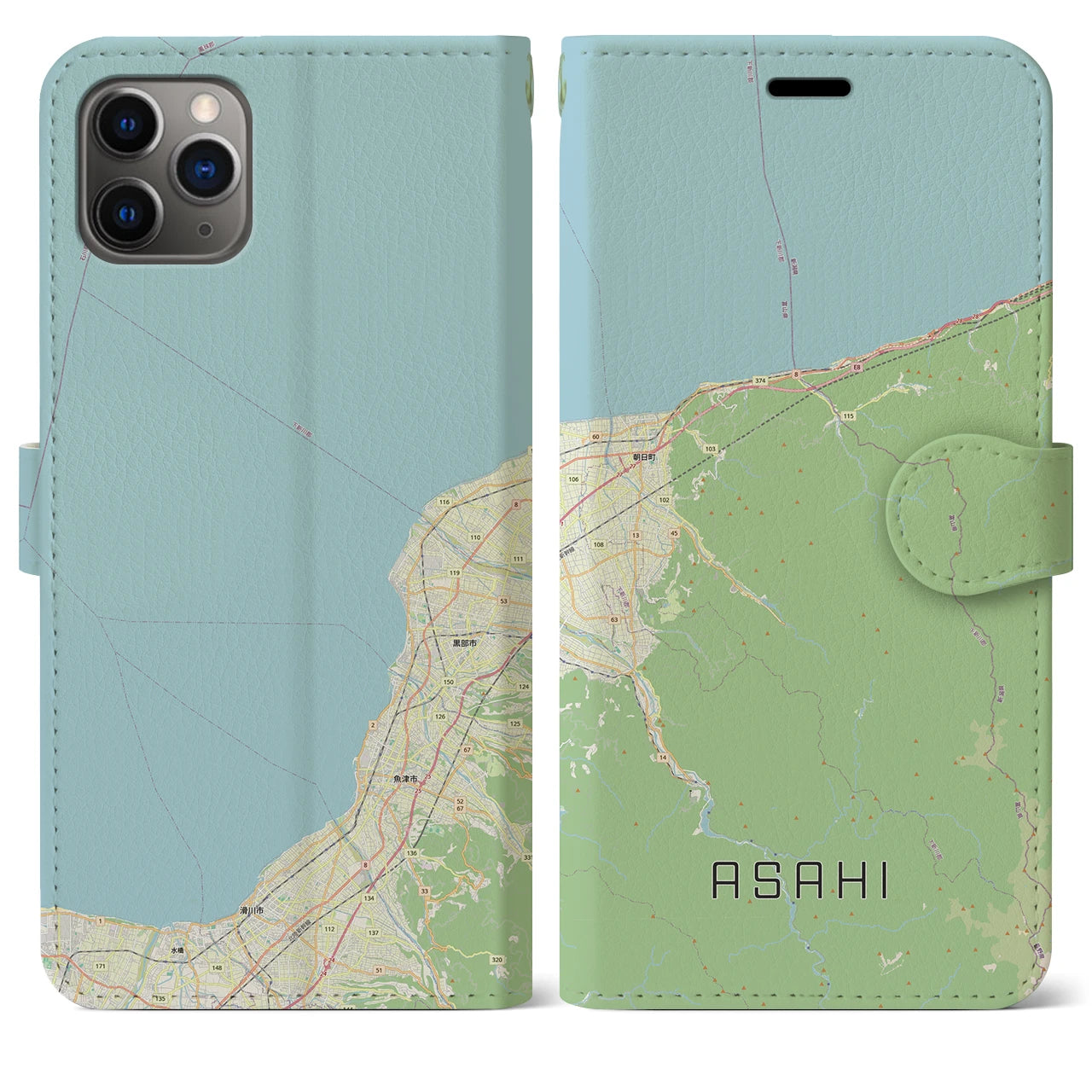 【朝日(富山県)】地図柄iPhoneケース(手帳タイプ)ナチュラル・iPhone 11 Pro Max 用