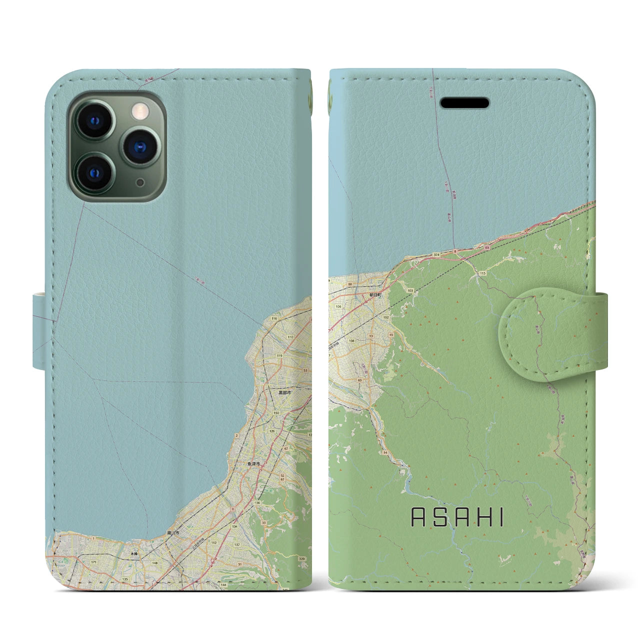 【朝日(富山県)】地図柄iPhoneケース(手帳タイプ)ナチュラル・iPhone 11 Pro 用
