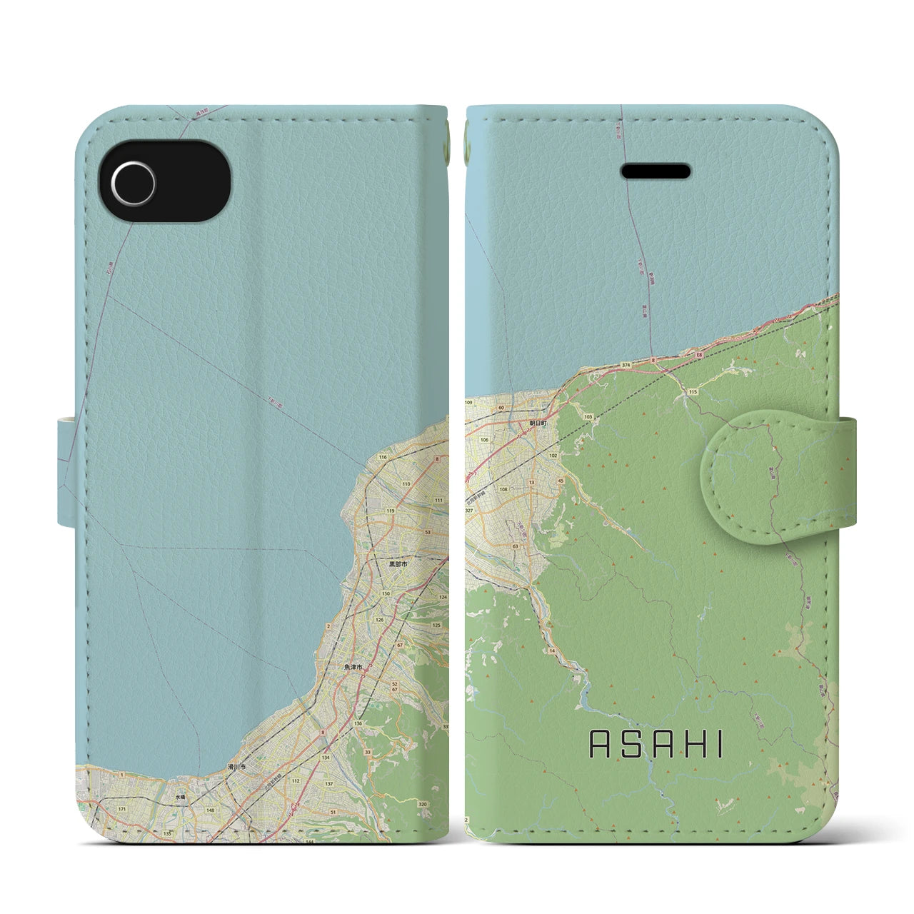 【朝日(富山県)】地図柄iPhoneケース(手帳タイプ)ナチュラル・iPhone SE(第3 / 第2世代) / 8 / 7 / 6s / 6 用