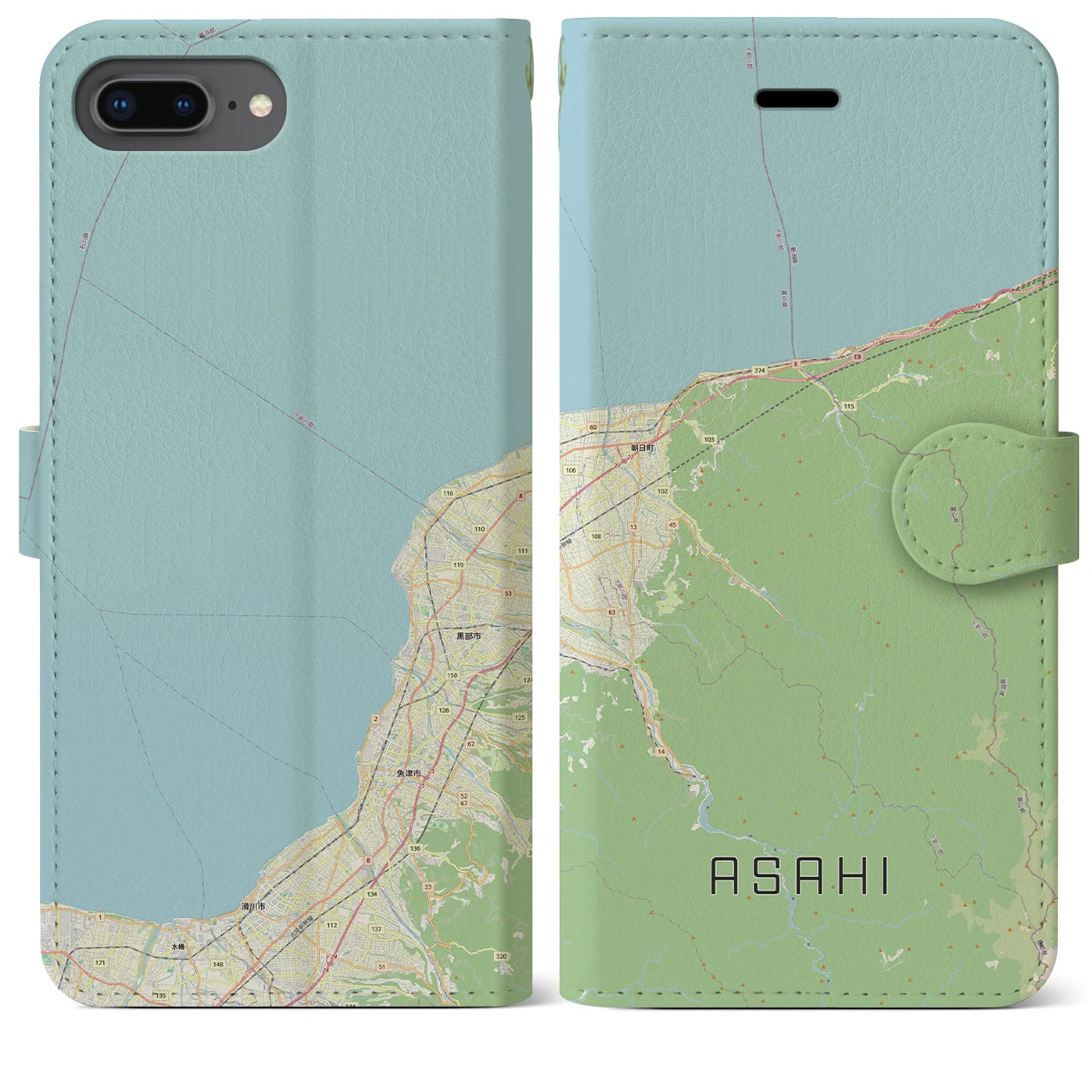 【朝日(富山県)】地図柄iPhoneケース(手帳タイプ)ナチュラル・iPhone 8Plus /7Plus / 6sPlus / 6Plus 用