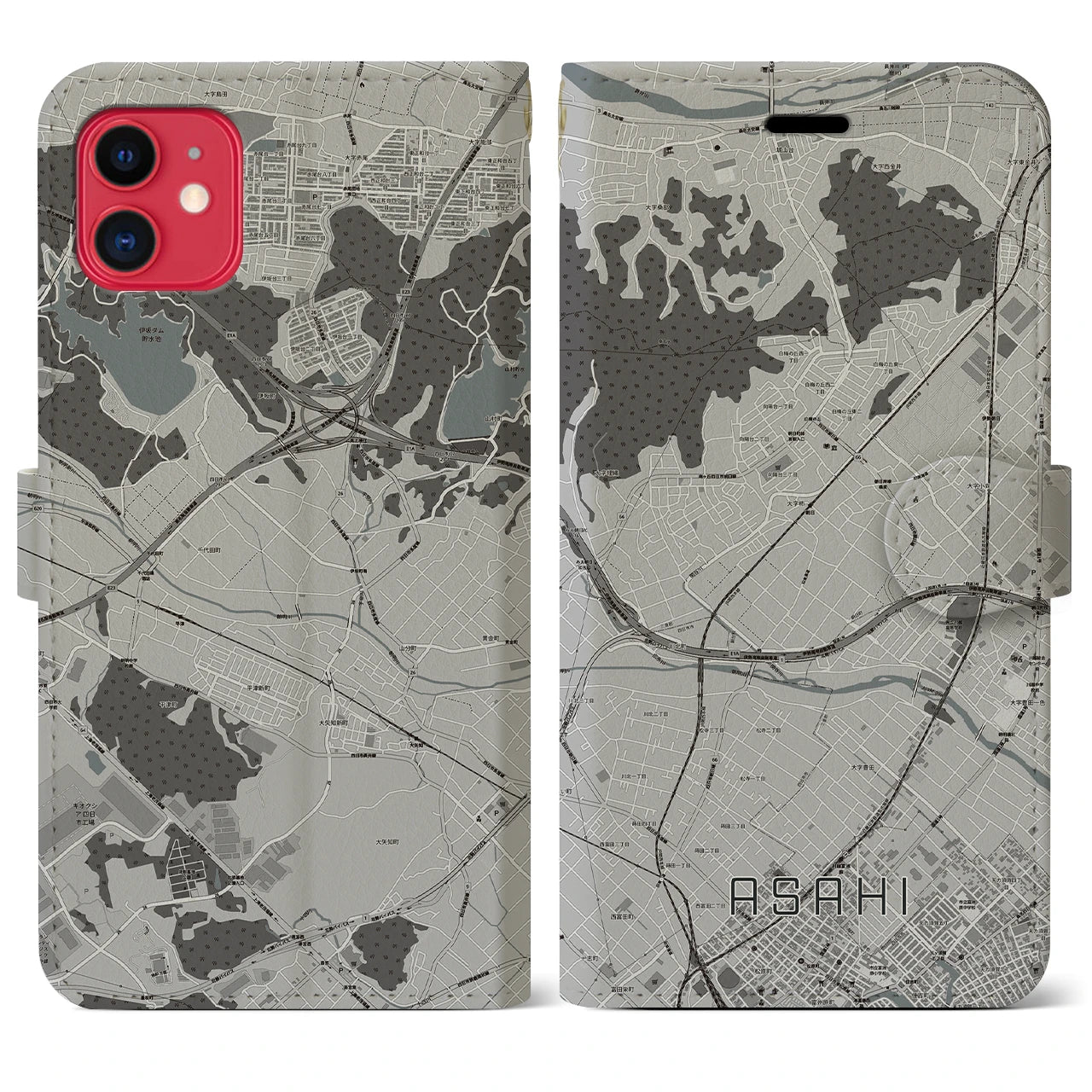 【朝日(三重県)】地図柄iPhoneケース(手帳タイプ)モノトーン・iPhone 11 用