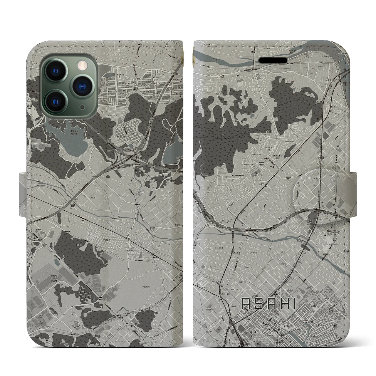 【朝日(三重県)】地図柄iPhoneケース(手帳タイプ)モノトーン・iPhone 11 Pro 用