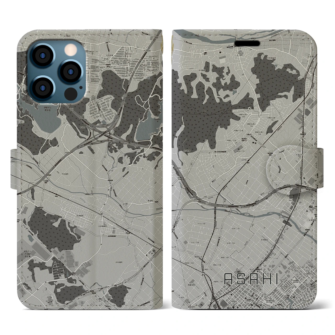 【朝日(三重県)】地図柄iPhoneケース(手帳タイプ)モノトーン・iPhone 12 / 12 Pro 用