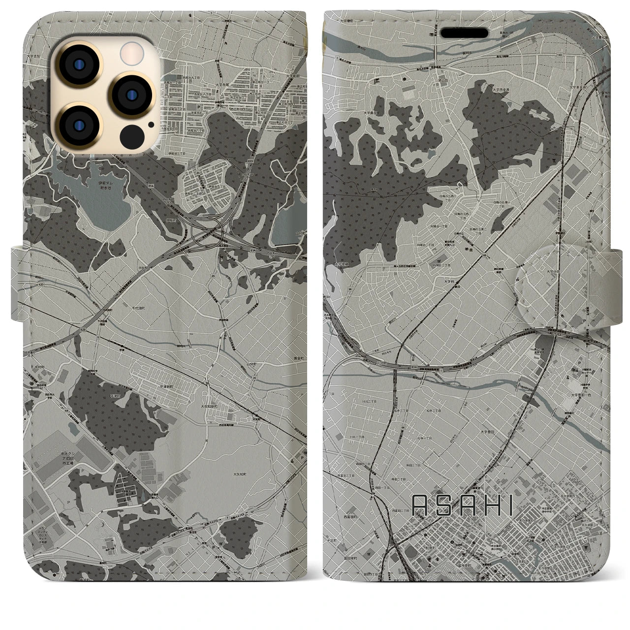 【朝日(三重県)】地図柄iPhoneケース(手帳タイプ)モノトーン・iPhone 12 Pro Max 用