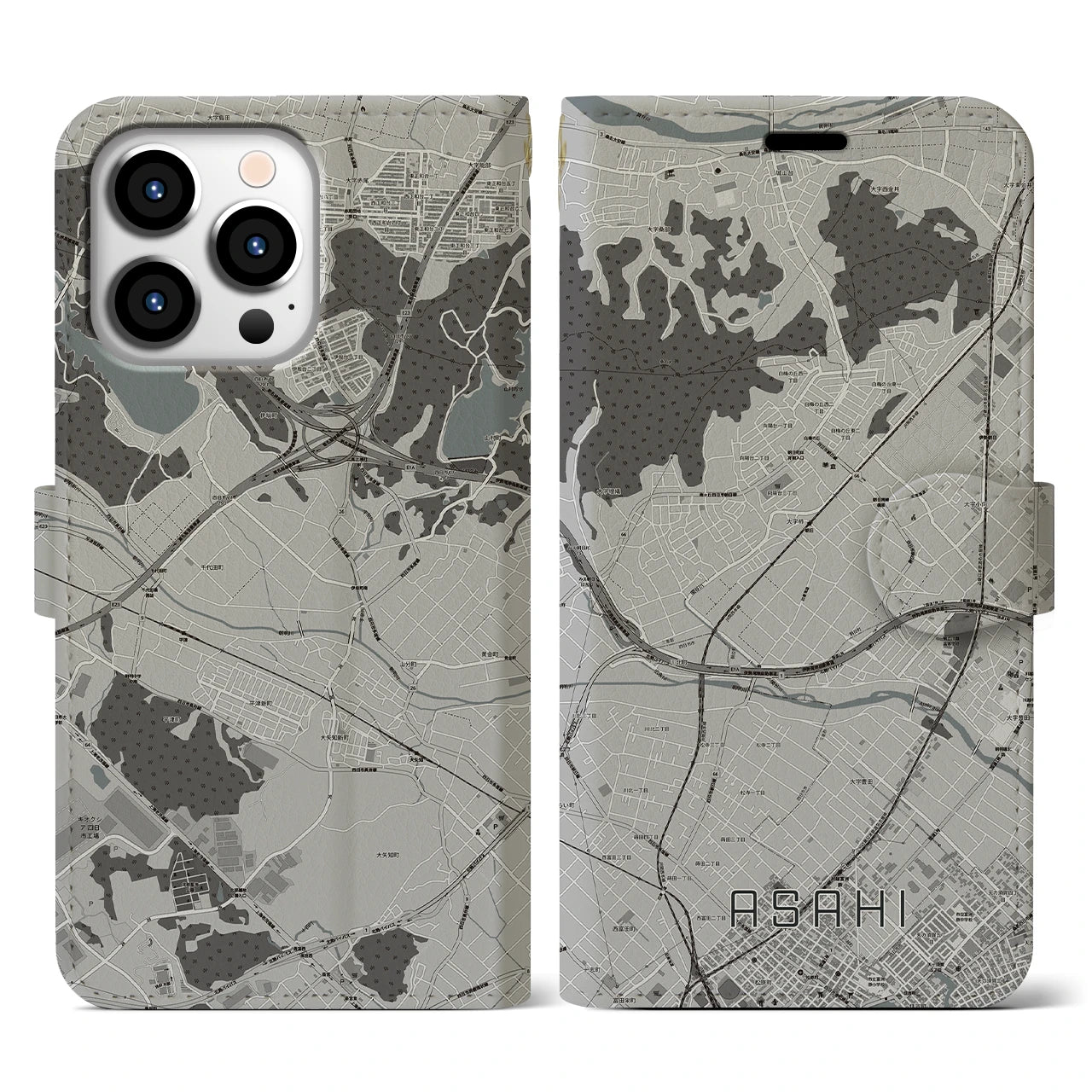 【朝日(三重県)】地図柄iPhoneケース(手帳タイプ)モノトーン・iPhone 13 Pro 用