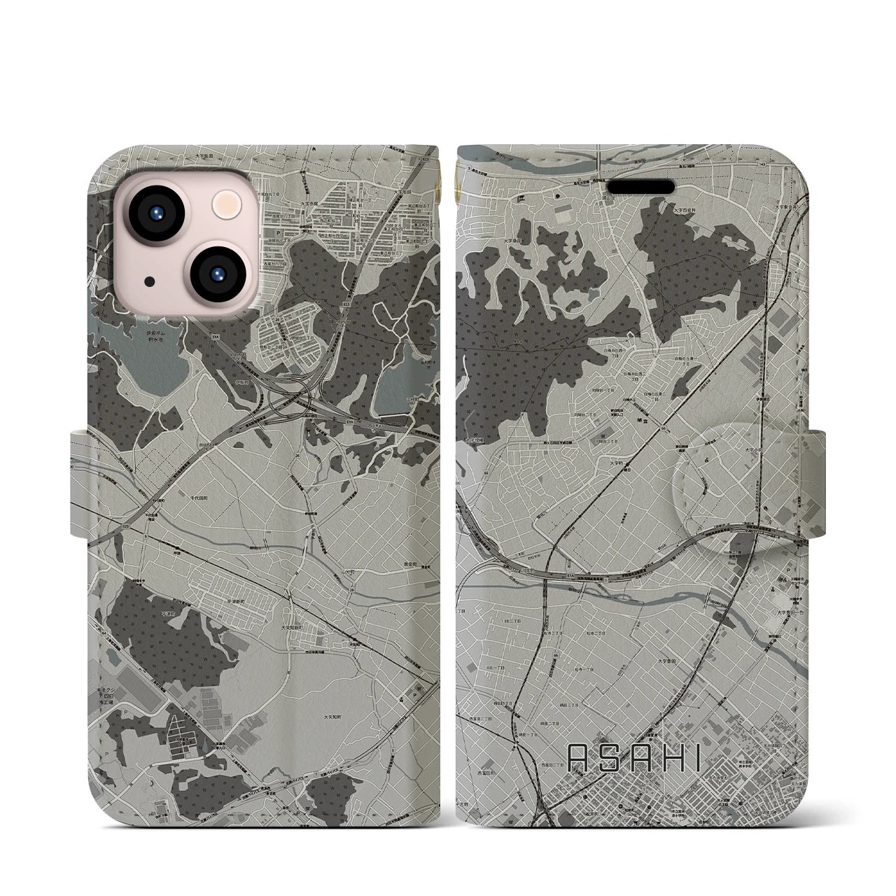 【朝日(三重県)】地図柄iPhoneケース(手帳タイプ)モノトーン・iPhone 13 mini 用