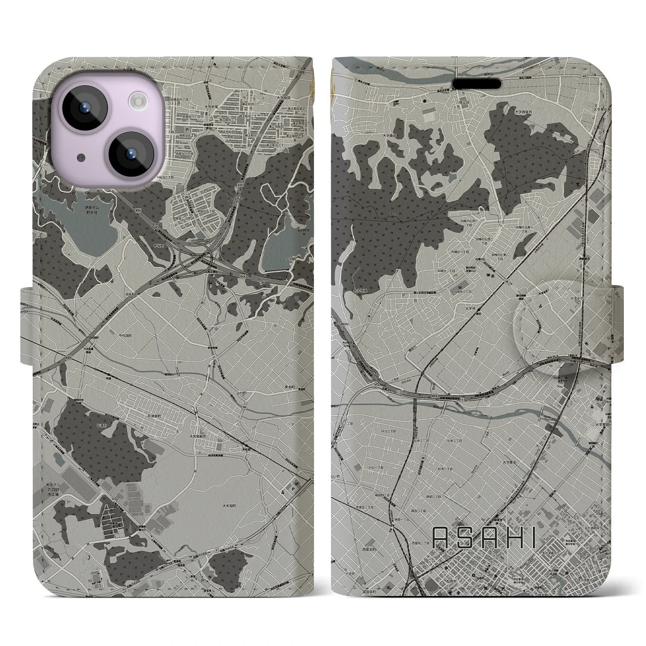 【朝日(三重県)】地図柄iPhoneケース(手帳タイプ)モノトーン・iPhone 14 用