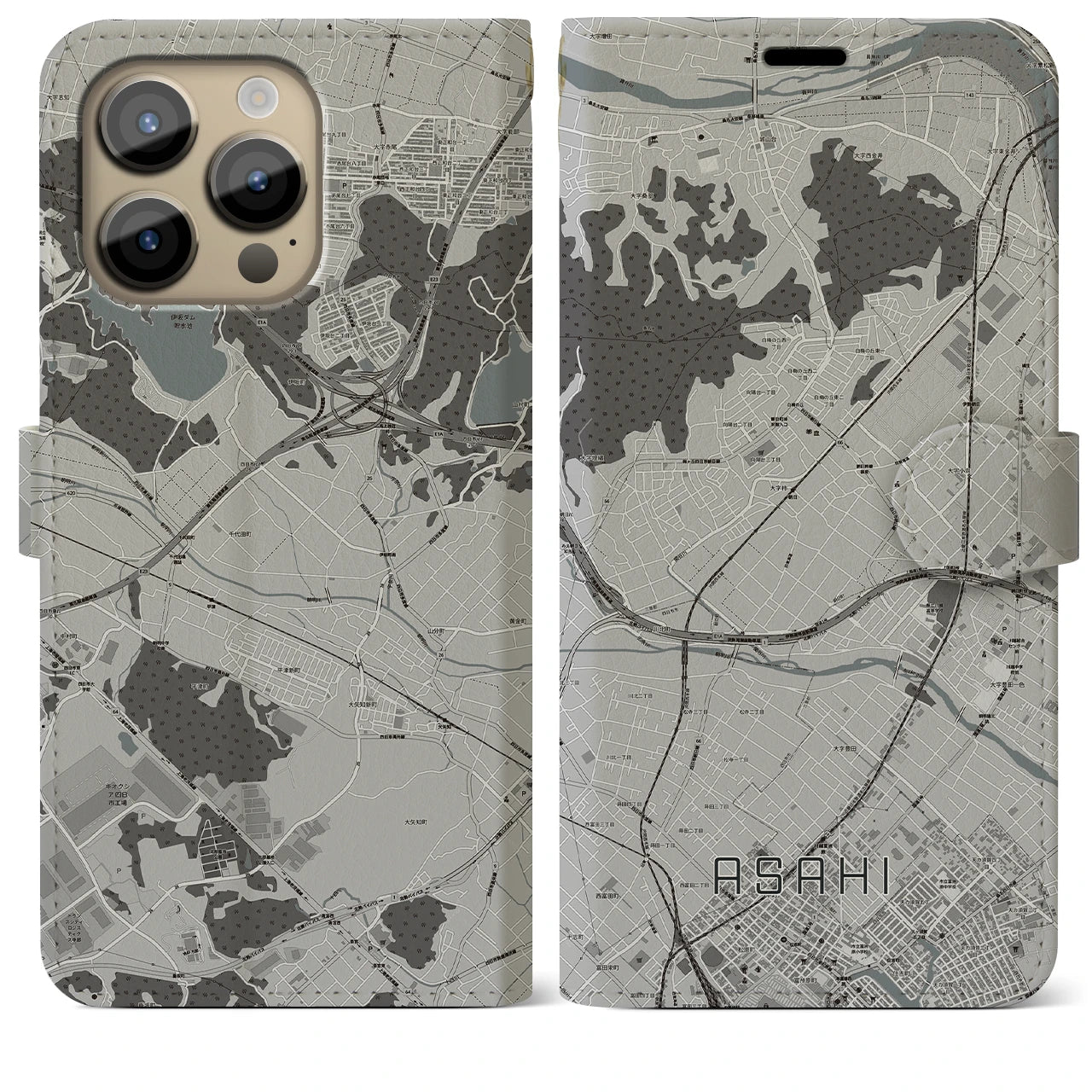 【朝日(三重県)】地図柄iPhoneケース(手帳タイプ)モノトーン・iPhone 14 Pro Max 用