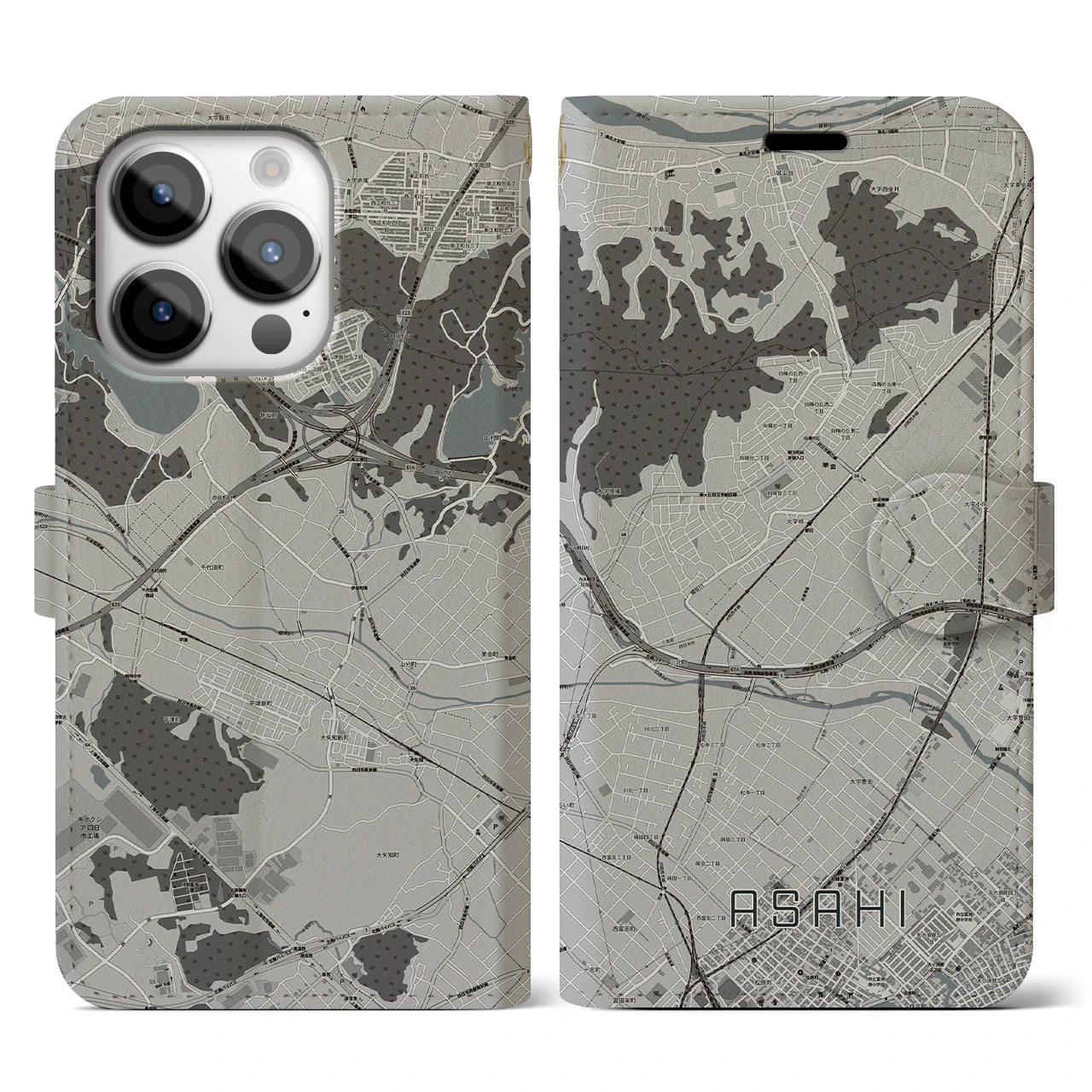 【朝日(三重県)】地図柄iPhoneケース(手帳タイプ)モノトーン・iPhone 14 Pro 用