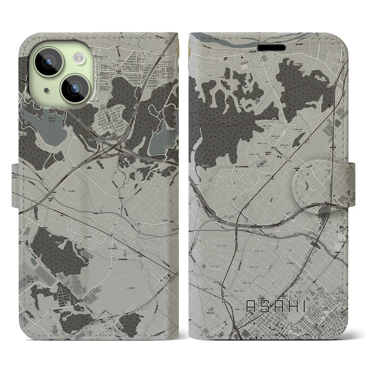 【朝日(三重県)】地図柄iPhoneケース(手帳タイプ)モノトーン・iPhone 15 用