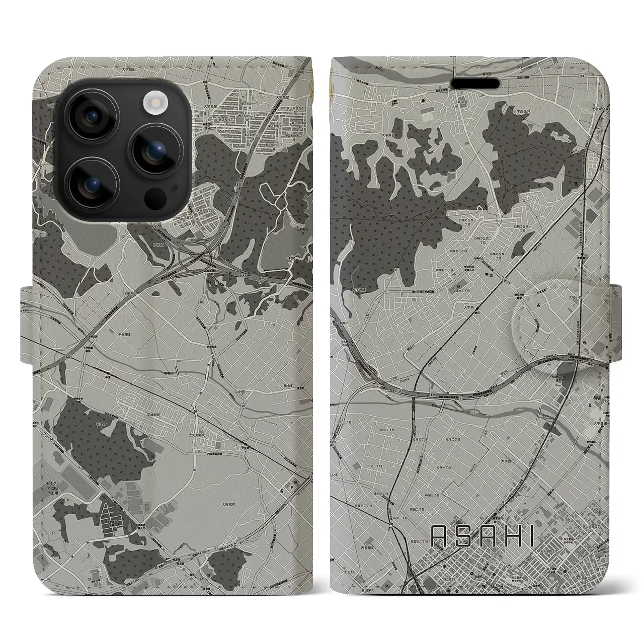 【朝日(三重県)】地図柄iPhoneケース(手帳タイプ)モノトーン・iPhone 16 用