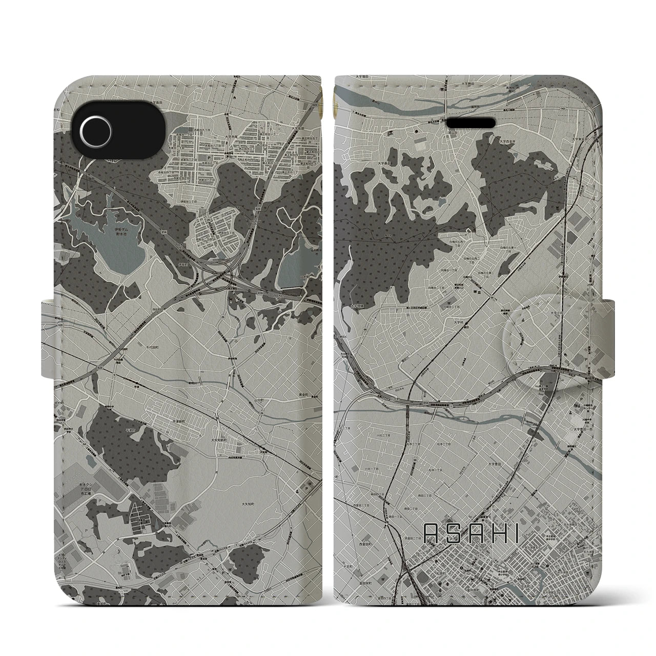 【朝日(三重県)】地図柄iPhoneケース(手帳タイプ)モノトーン・iPhone SE(第3 / 第2世代) / 8 / 7 / 6s / 6 用