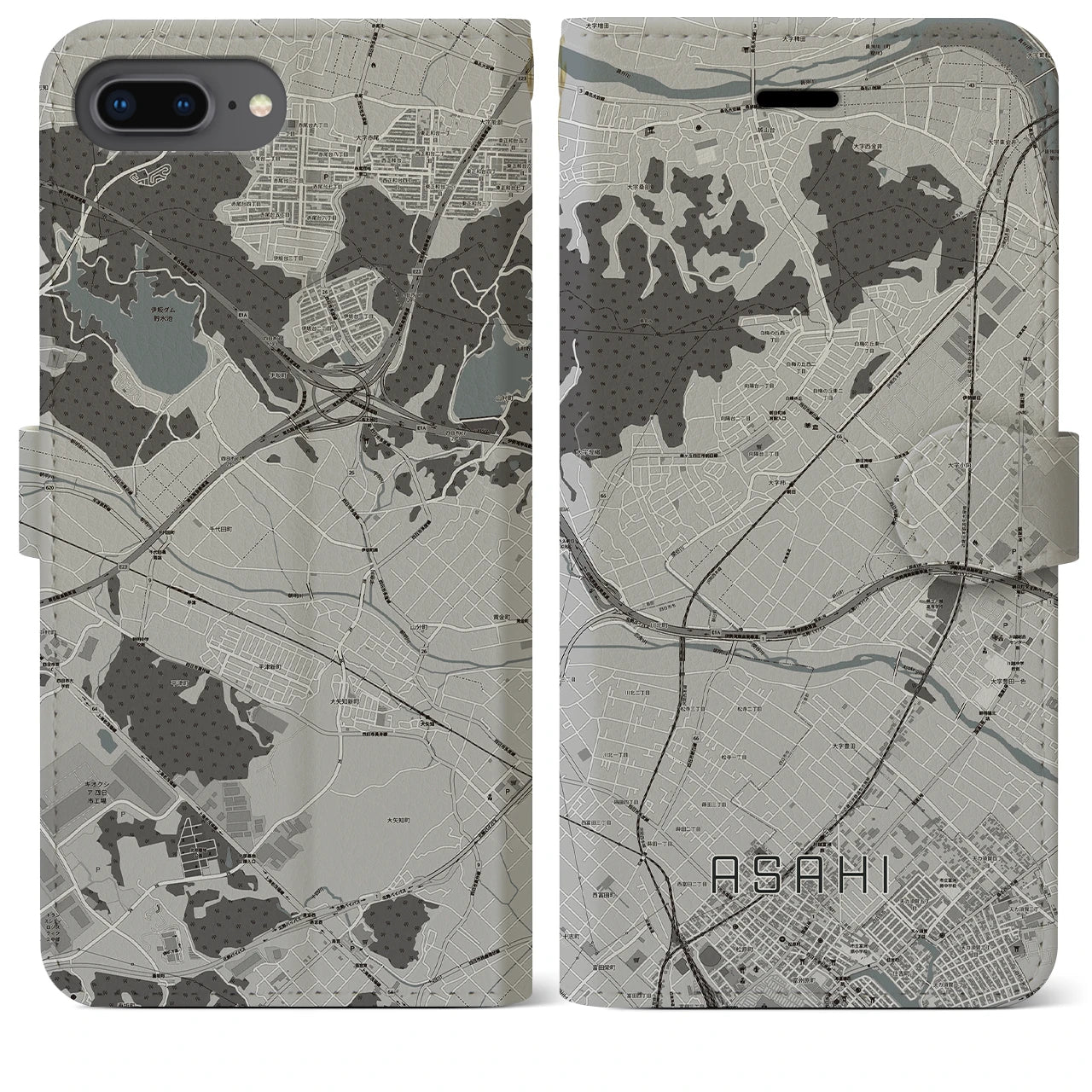 【朝日(三重県)】地図柄iPhoneケース(手帳タイプ)モノトーン・iPhone 8Plus /7Plus / 6sPlus / 6Plus 用