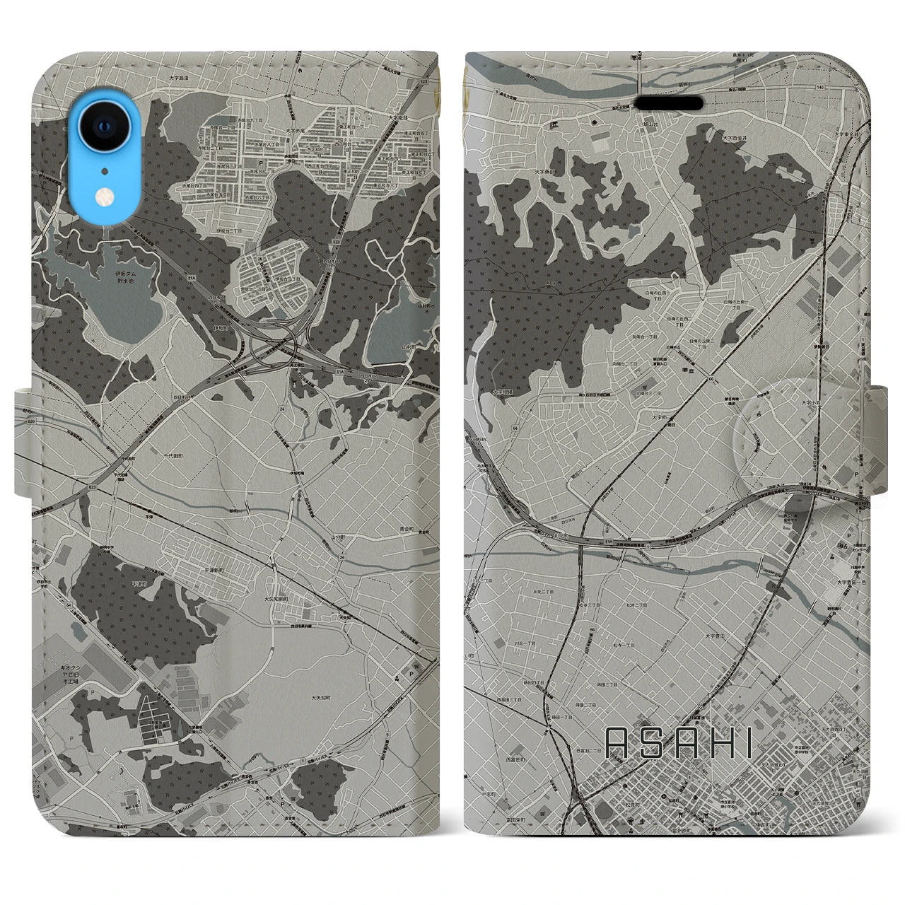 【朝日(三重県)】地図柄iPhoneケース(手帳タイプ)モノトーン・iPhone XR 用