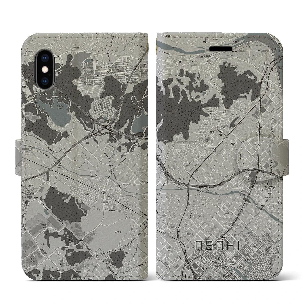 【朝日(三重県)】地図柄iPhoneケース(手帳タイプ)モノトーン・iPhone XS / X 用