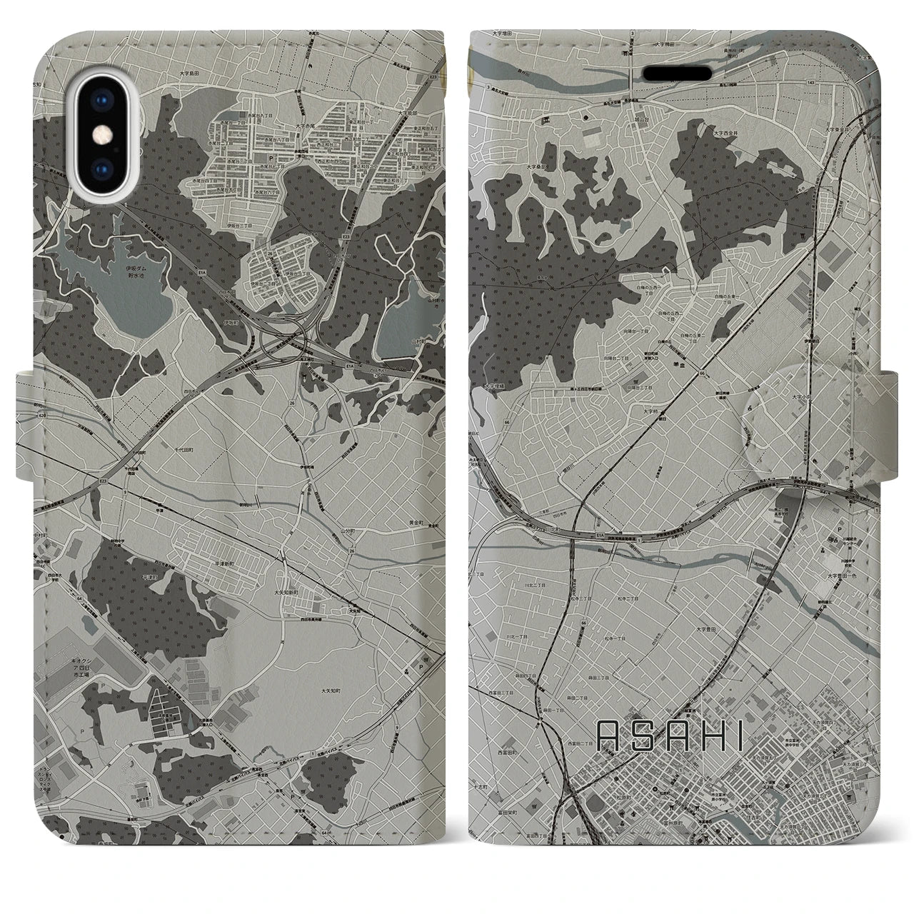 【朝日(三重県)】地図柄iPhoneケース(手帳タイプ)モノトーン・iPhone XS Max 用