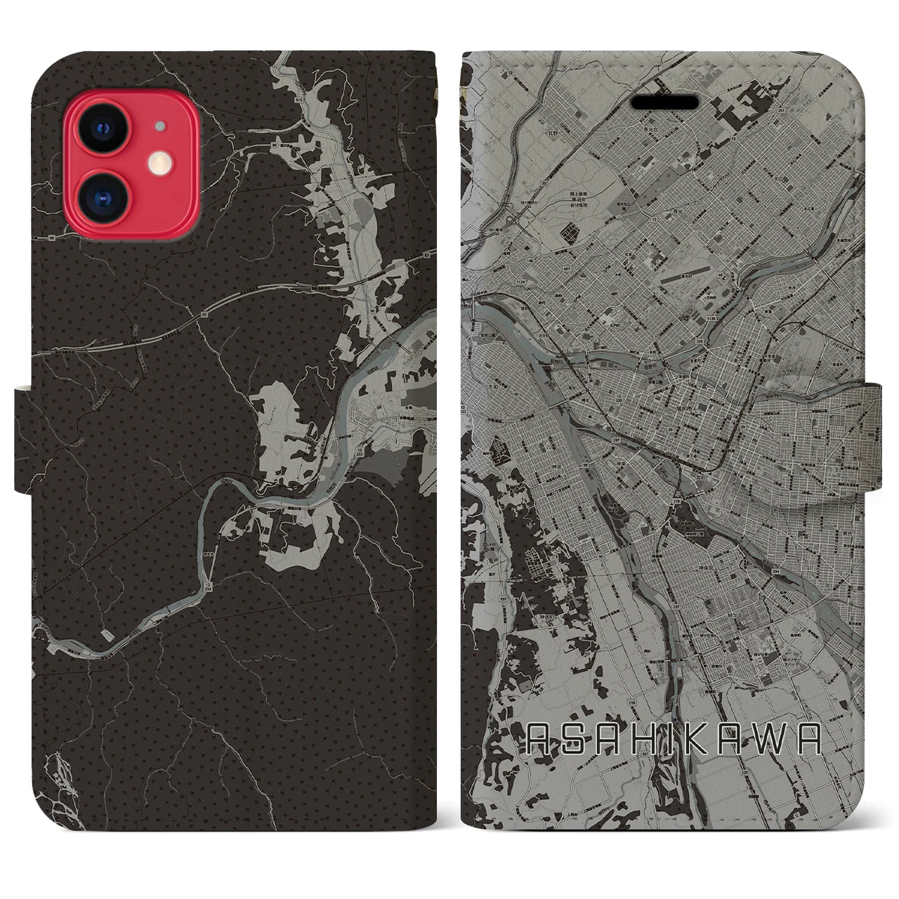 【旭川(北海道)】地図柄iPhoneケース(手帳タイプ)モノトーン・iPhone 11 用