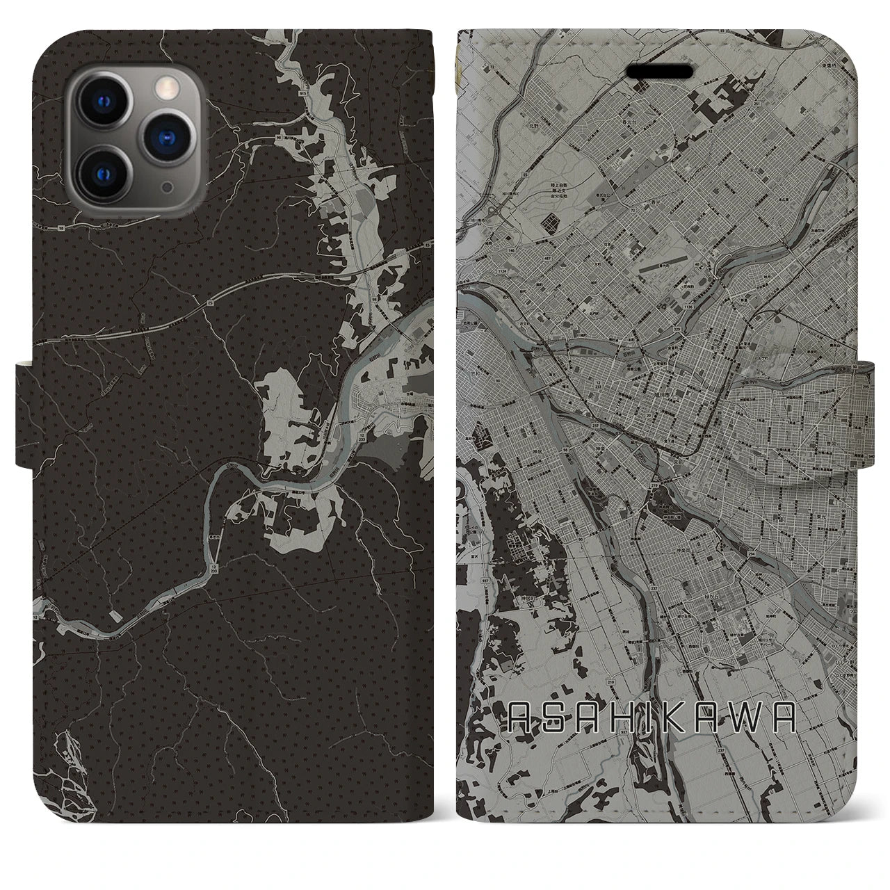 【旭川(北海道)】地図柄iPhoneケース(手帳タイプ)モノトーン・iPhone 11 Pro Max 用