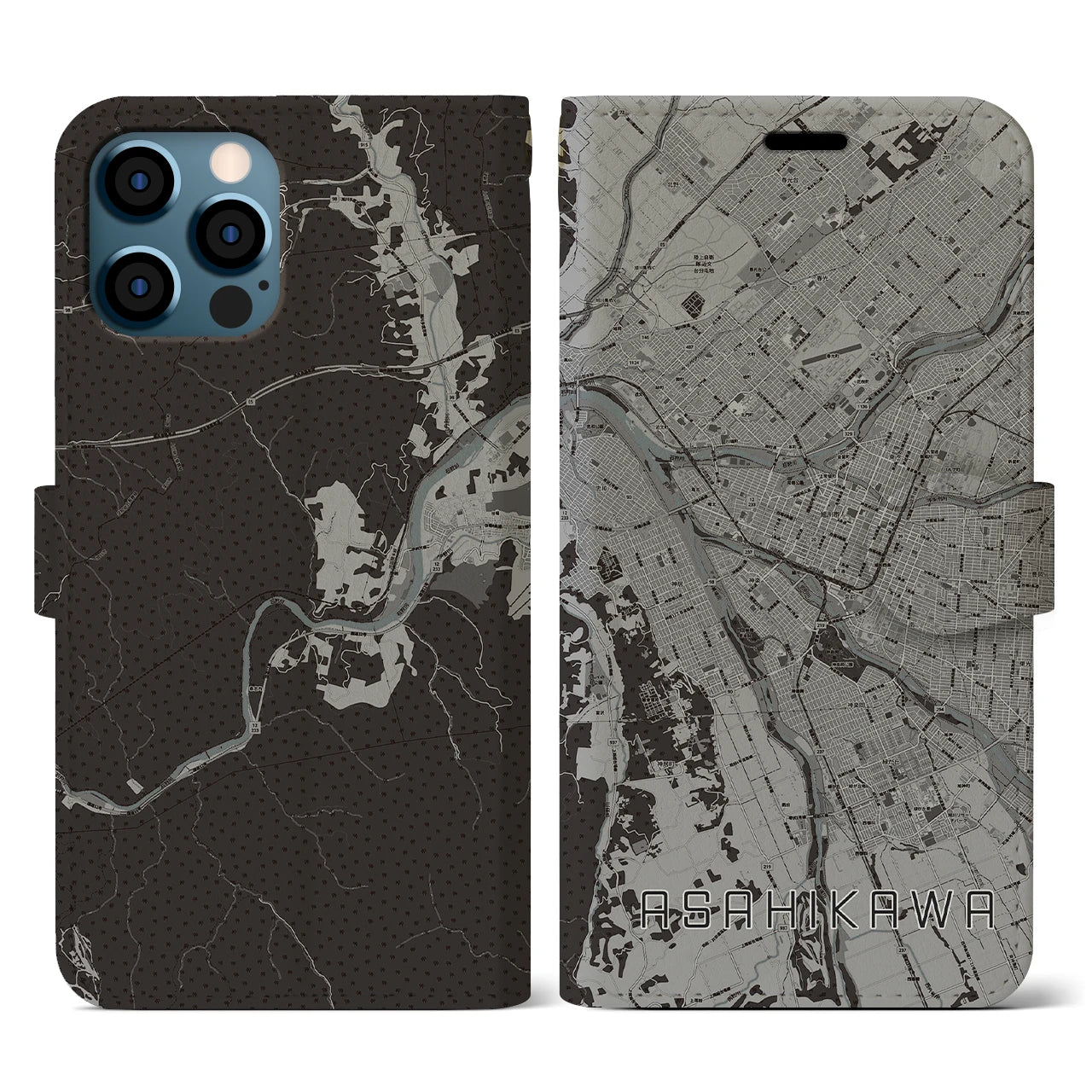【旭川(北海道)】地図柄iPhoneケース(手帳タイプ)モノトーン・iPhone 12 / 12 Pro 用