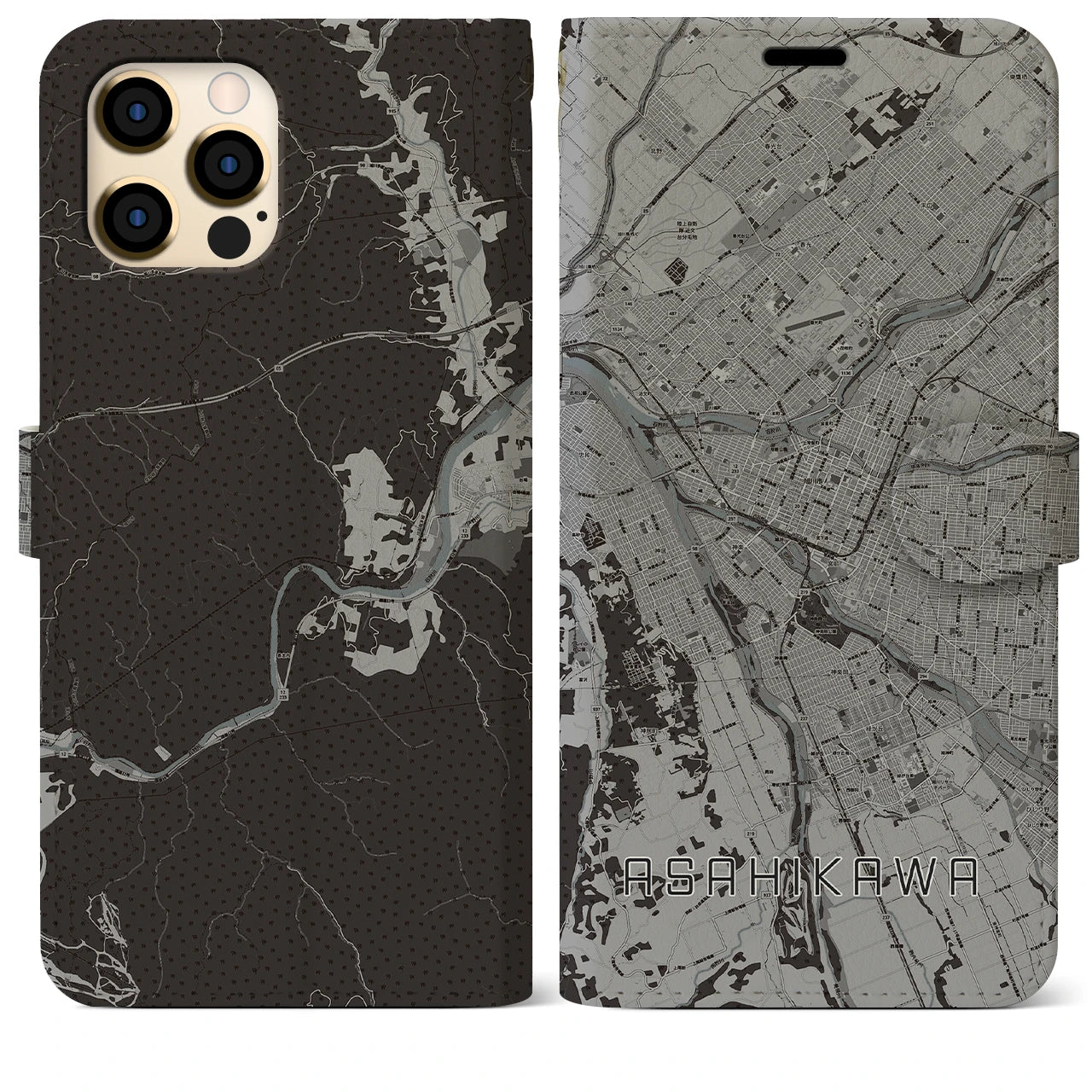 【旭川(北海道)】地図柄iPhoneケース(手帳タイプ)モノトーン・iPhone 12 Pro Max 用