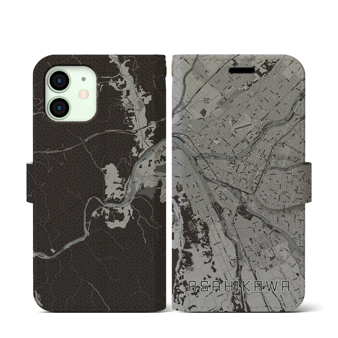 【旭川(北海道)】地図柄iPhoneケース(手帳タイプ)モノトーン・iPhone 12 mini 用