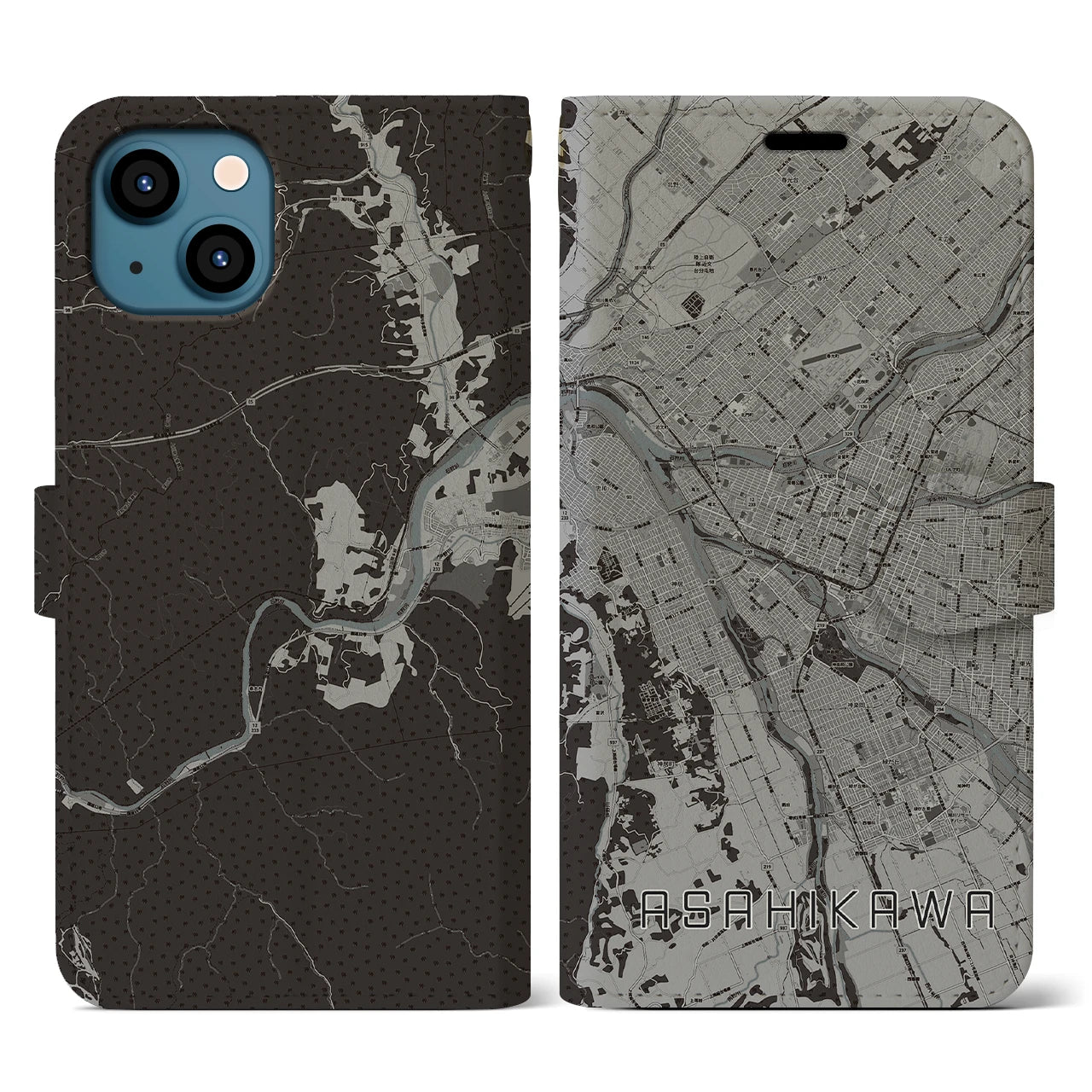 【旭川(北海道)】地図柄iPhoneケース(手帳タイプ)モノトーン・iPhone 13 用