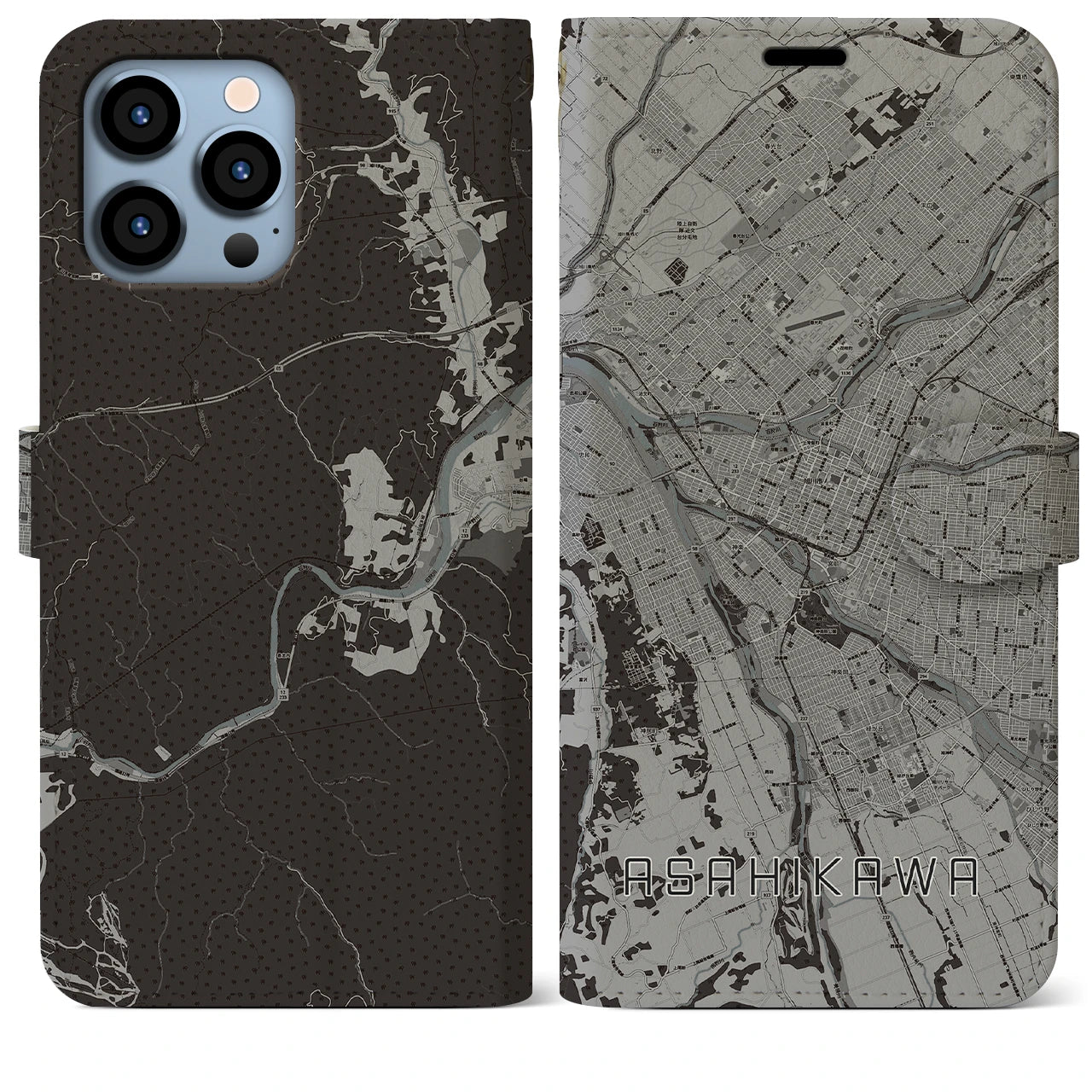 【旭川(北海道)】地図柄iPhoneケース(手帳タイプ)モノトーン・iPhone 13 Pro Max 用