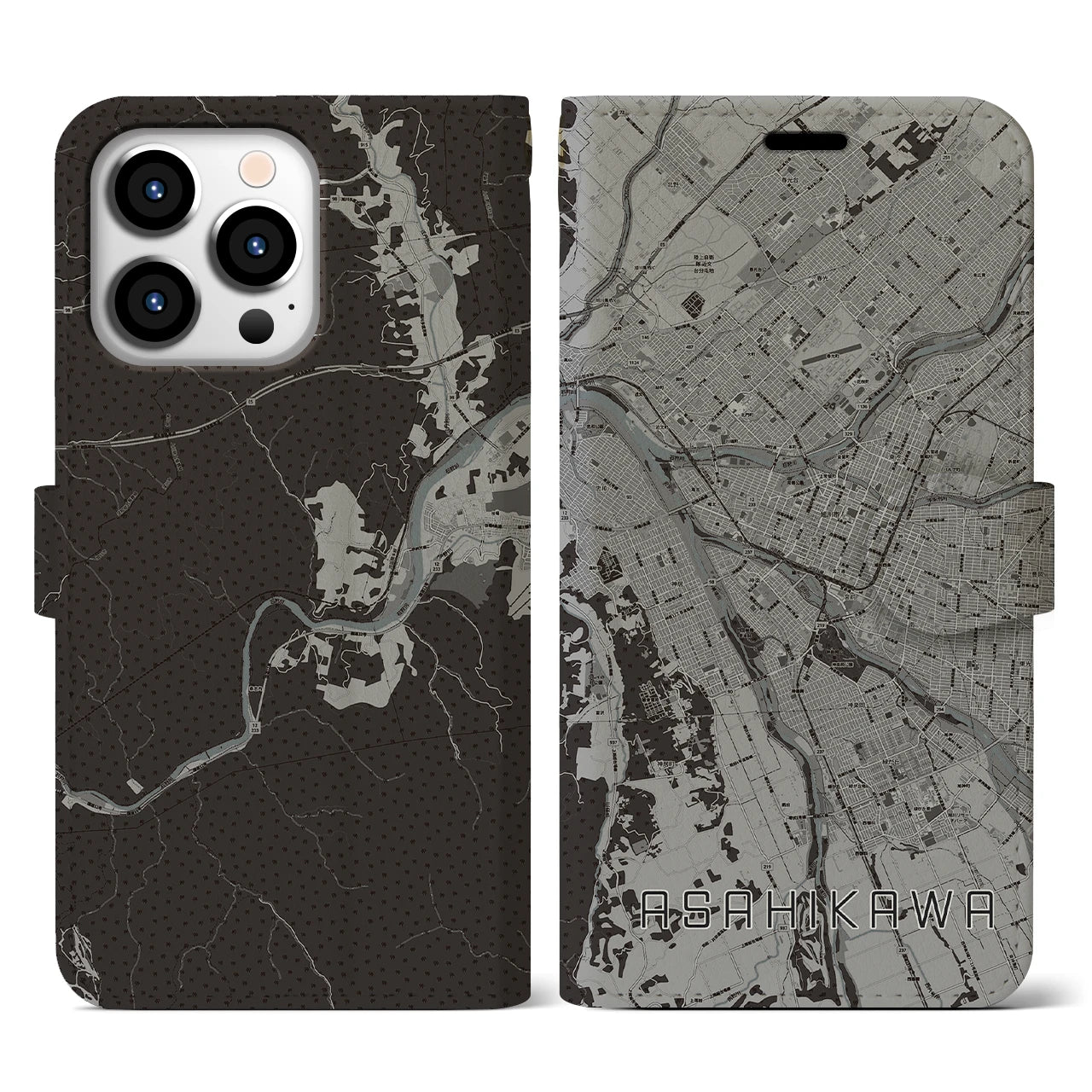 【旭川(北海道)】地図柄iPhoneケース(手帳タイプ)モノトーン・iPhone 13 Pro 用