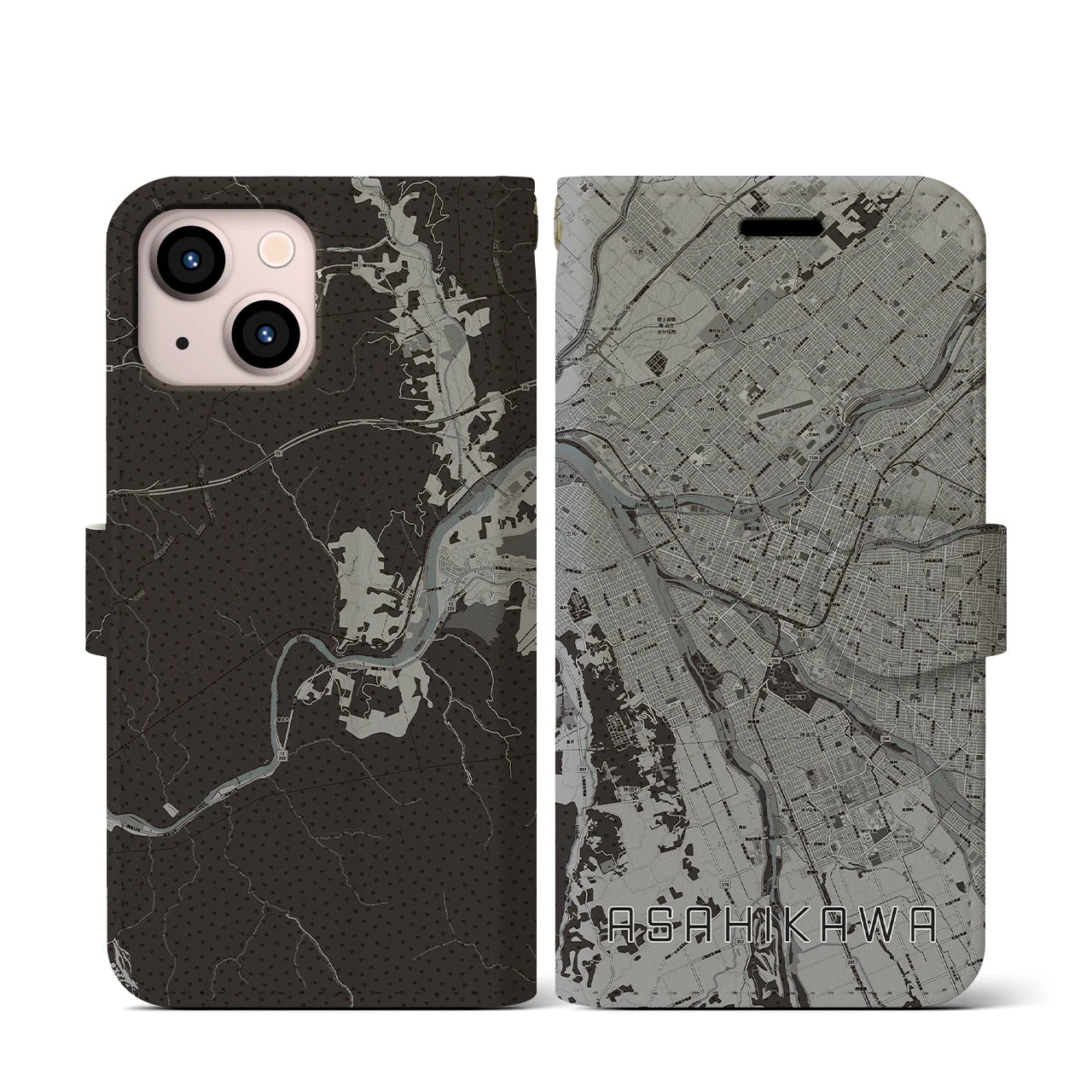 【旭川(北海道)】地図柄iPhoneケース(手帳タイプ)モノトーン・iPhone 13 mini 用