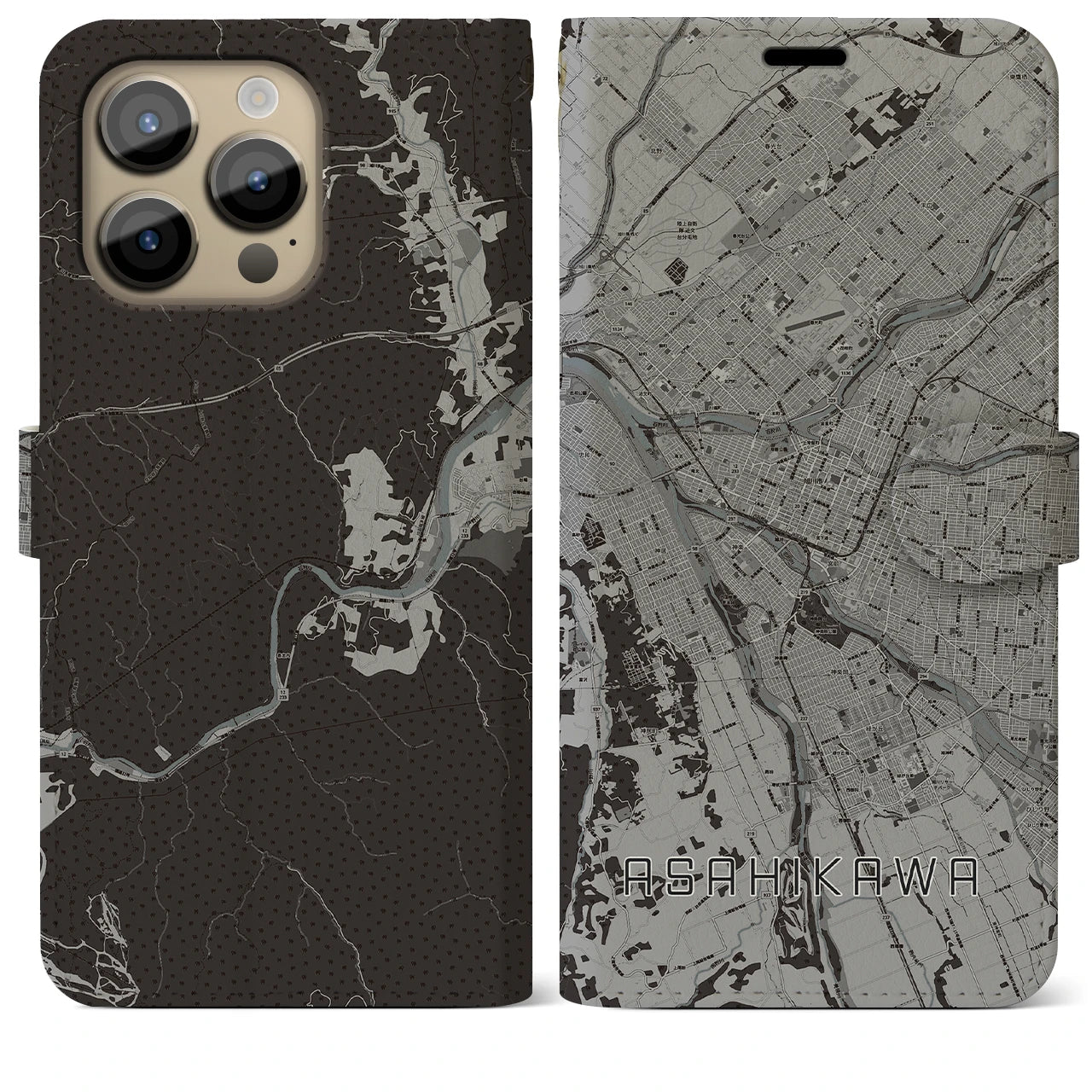 【旭川(北海道)】地図柄iPhoneケース(手帳タイプ)モノトーン・iPhone 14 Pro Max 用