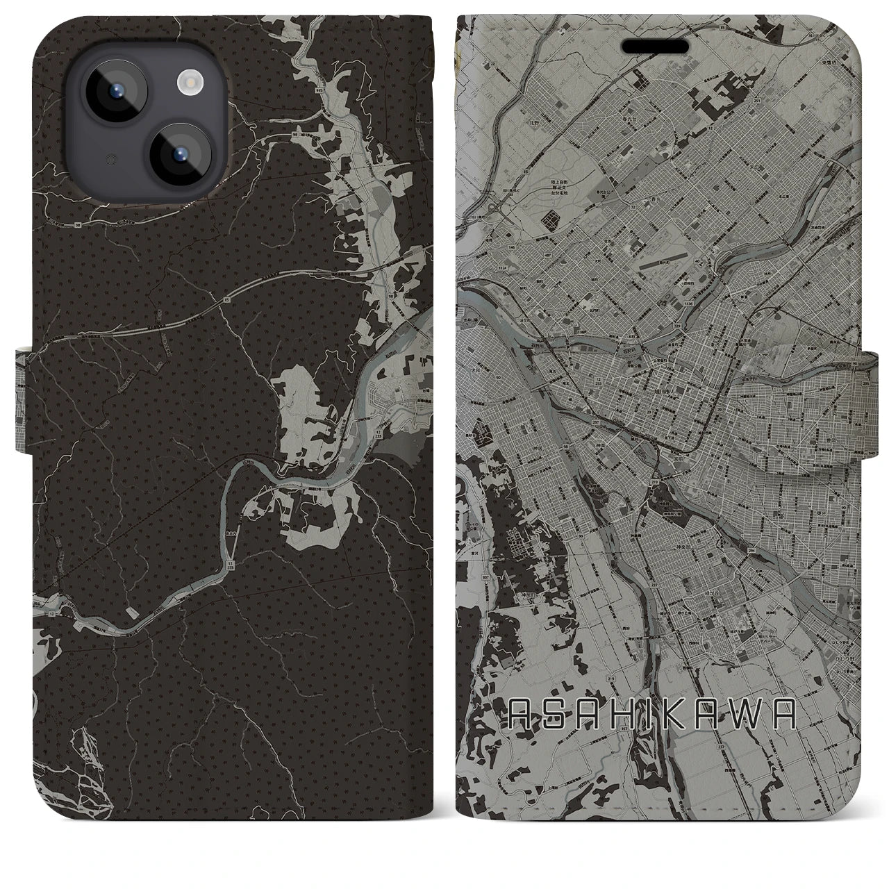 【旭川(北海道)】地図柄iPhoneケース(手帳タイプ)モノトーン・iPhone 14 Plus 用