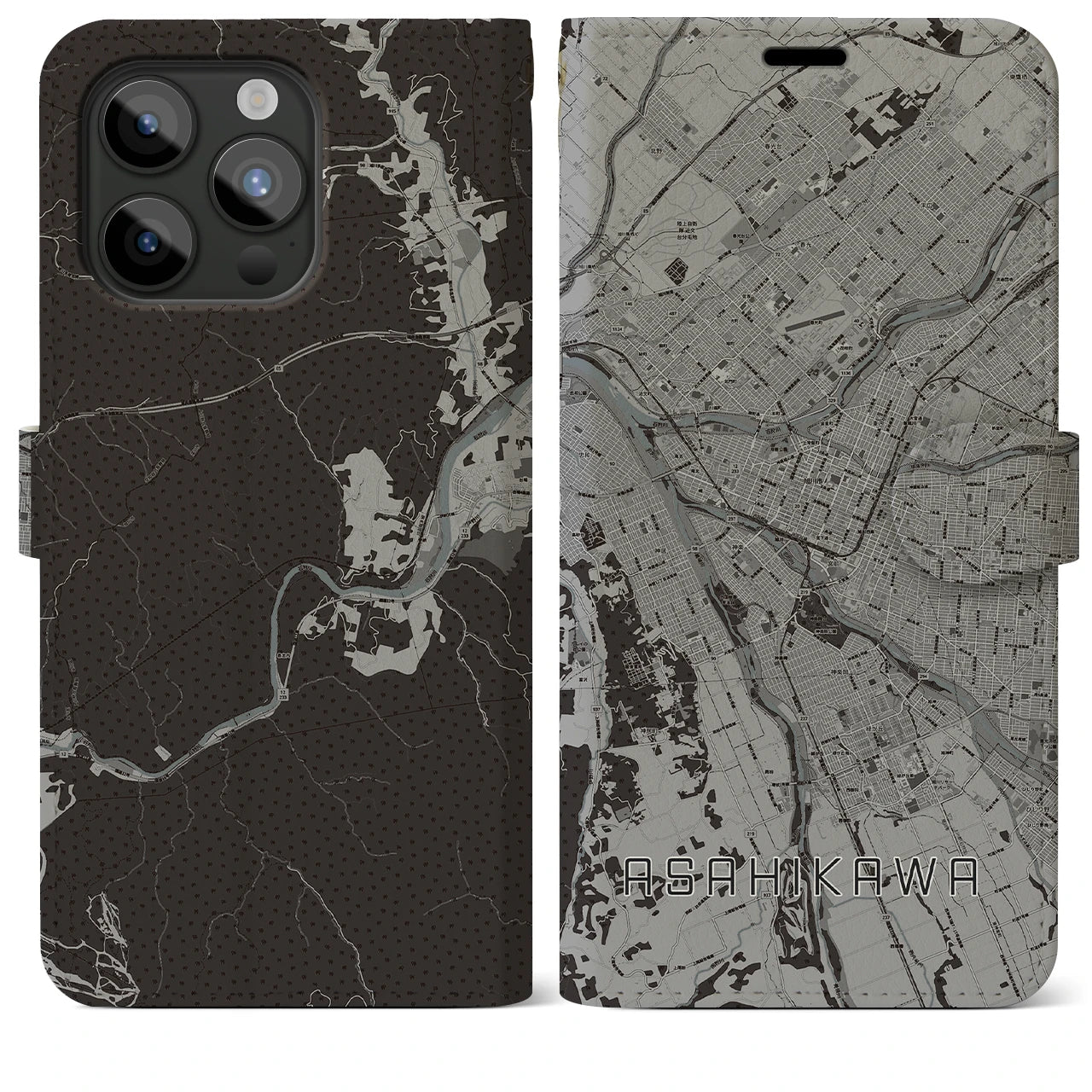 【旭川(北海道)】地図柄iPhoneケース(手帳タイプ)モノトーン・iPhone 15 Pro Max 用