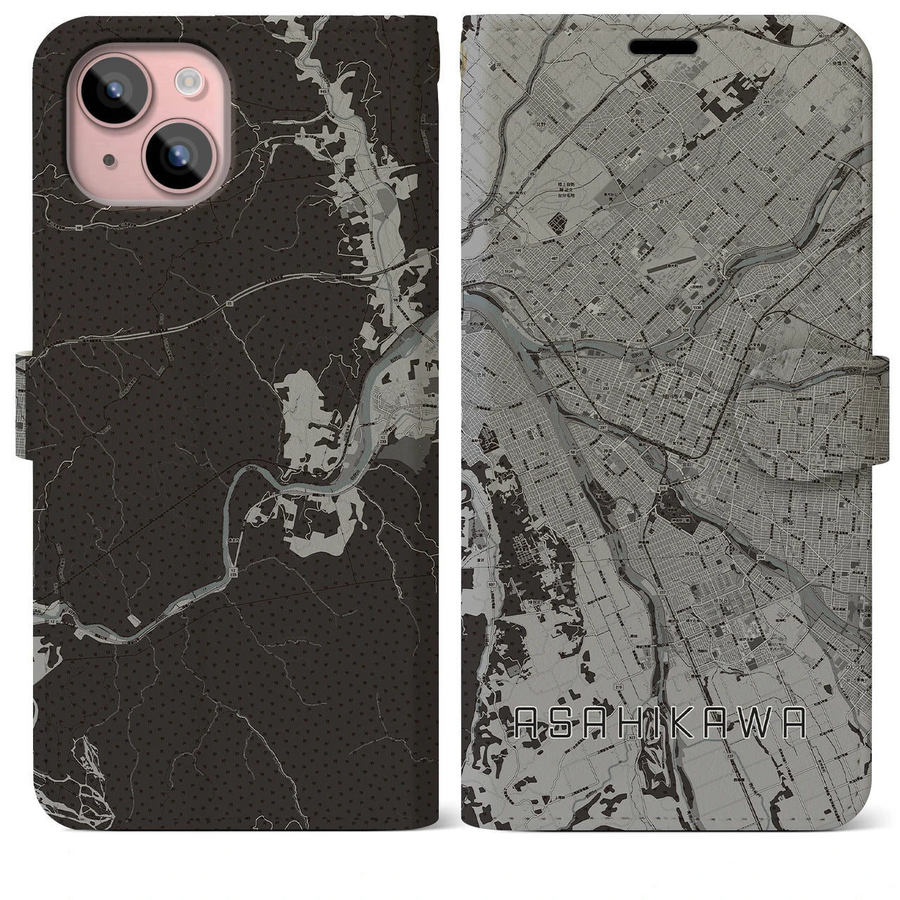 【旭川(北海道)】地図柄iPhoneケース(手帳タイプ)モノトーン・iPhone 15 Plus 用