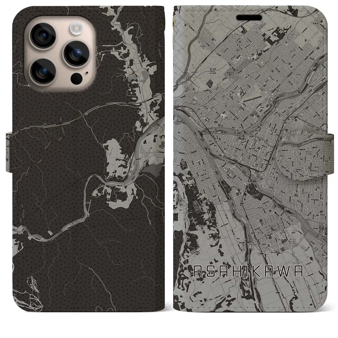 【旭川(北海道)】地図柄iPhoneケース(手帳タイプ)モノトーン・iPhone 16 Plus 用