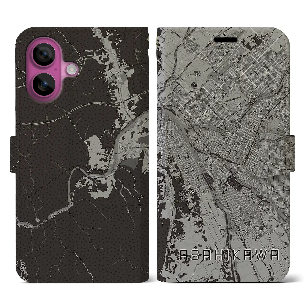 【旭川(北海道)】地図柄iPhoneケース(手帳タイプ)モノトーン・iPhone 16 Pro 用