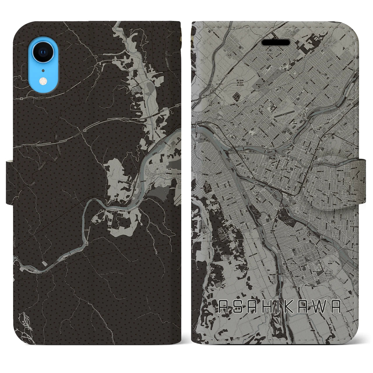 【旭川(北海道)】地図柄iPhoneケース(手帳タイプ)モノトーン・iPhone XR 用