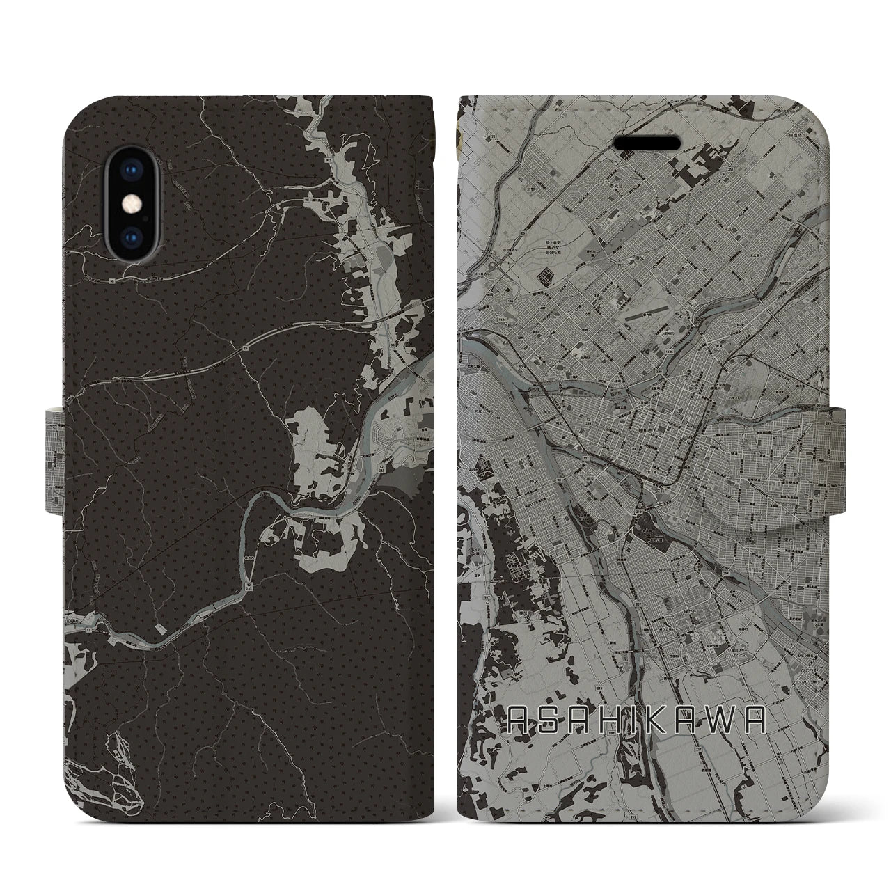 【旭川(北海道)】地図柄iPhoneケース(手帳タイプ)モノトーン・iPhone XS / X 用