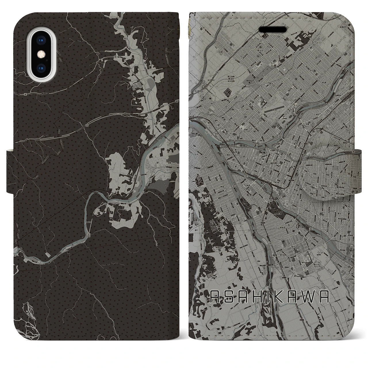 【旭川(北海道)】地図柄iPhoneケース(手帳タイプ)モノトーン・iPhone XS Max 用