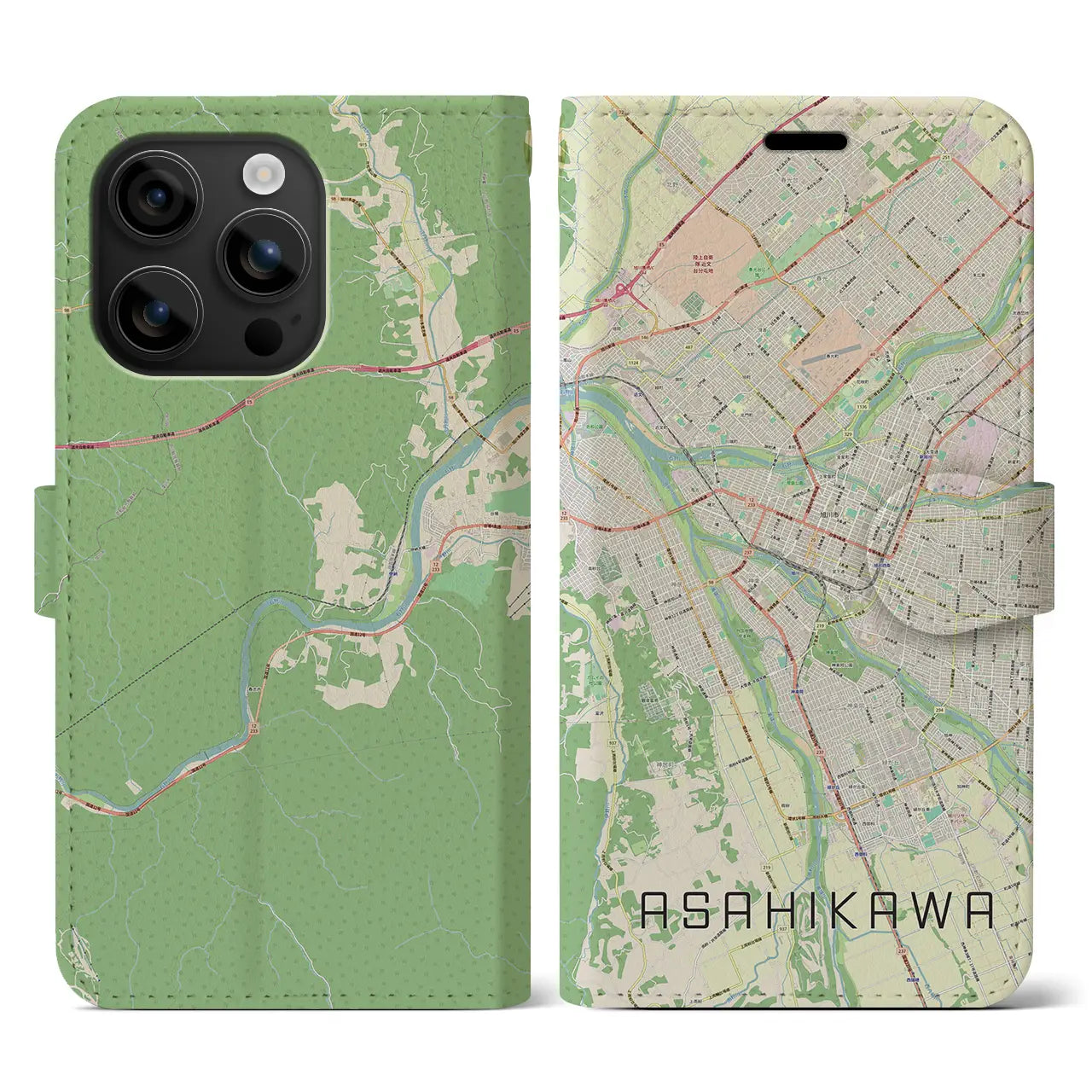 【旭川(北海道)】地図柄iPhoneケース(手帳タイプ)ナチュラル・iPhone 16 用
