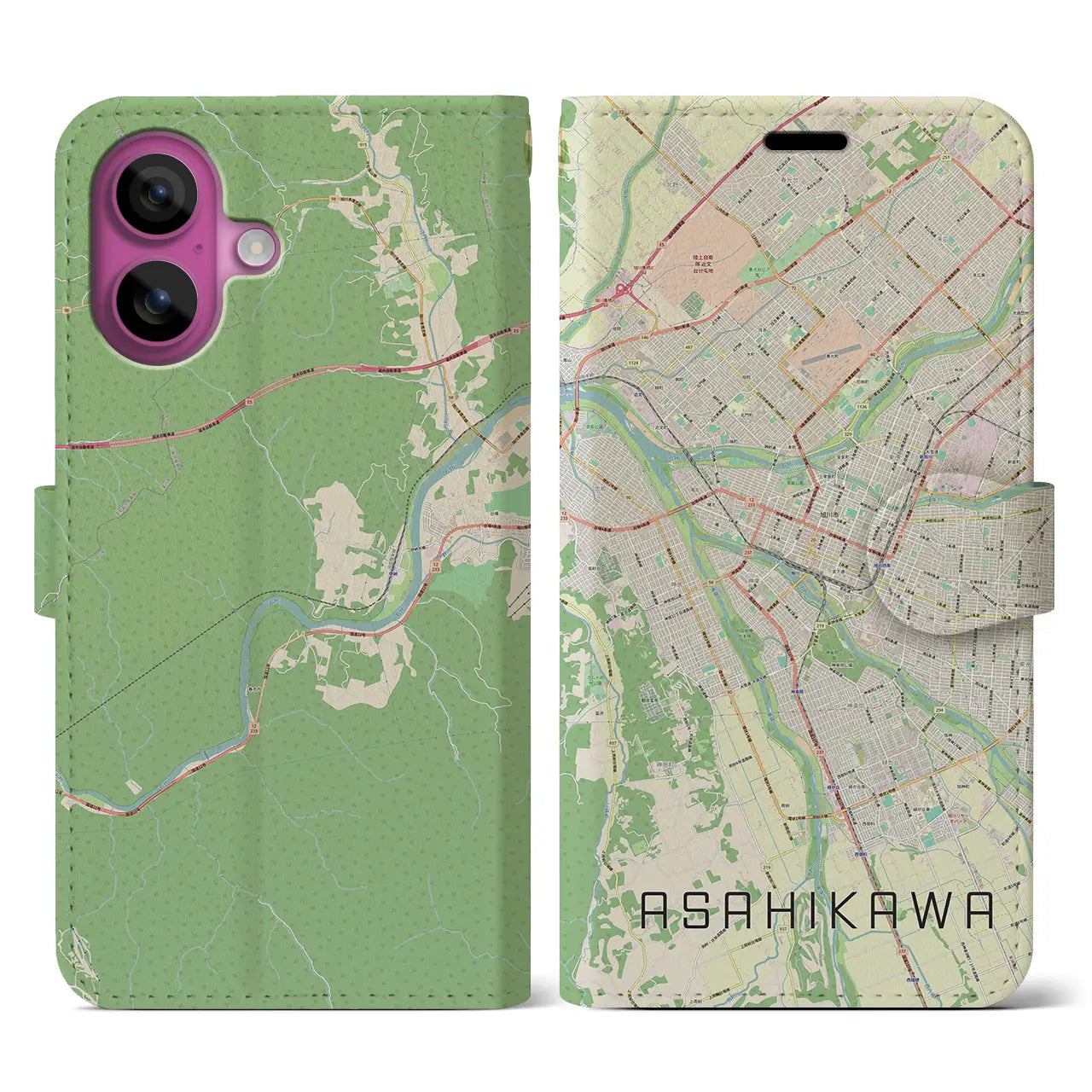 【旭川(北海道)】地図柄iPhoneケース(手帳タイプ)ナチュラル・iPhone 16 Pro 用