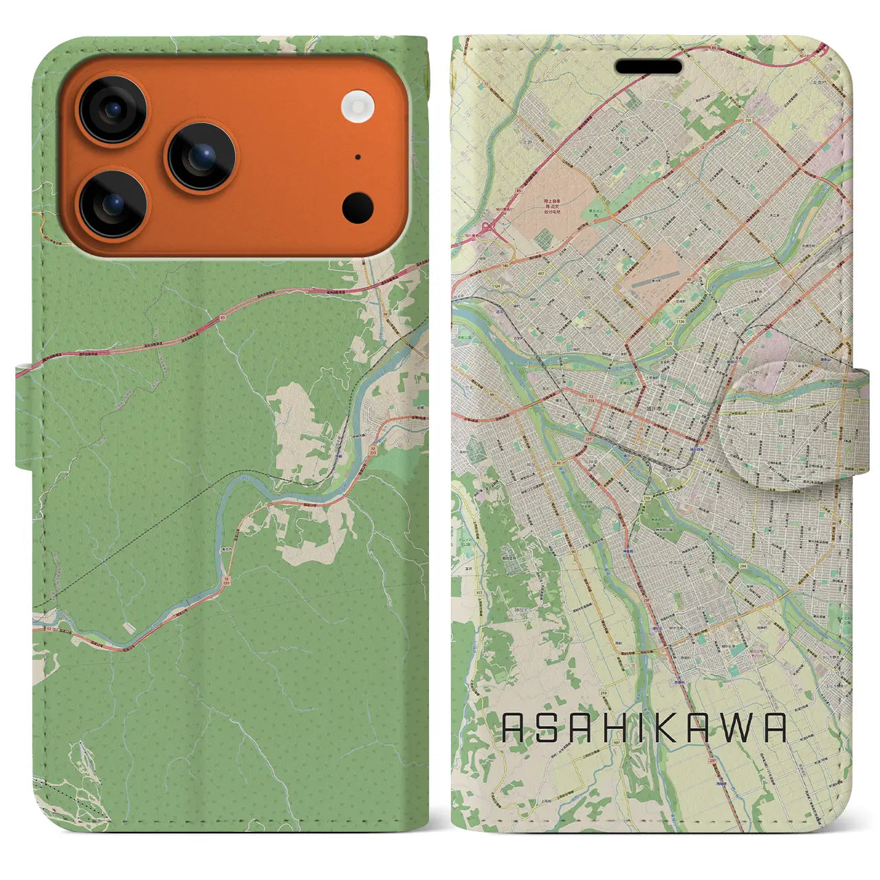 【旭川(北海道)】地図柄iPhoneケース(手帳タイプ)モノトーン・iPhone 17 Pro Max 用