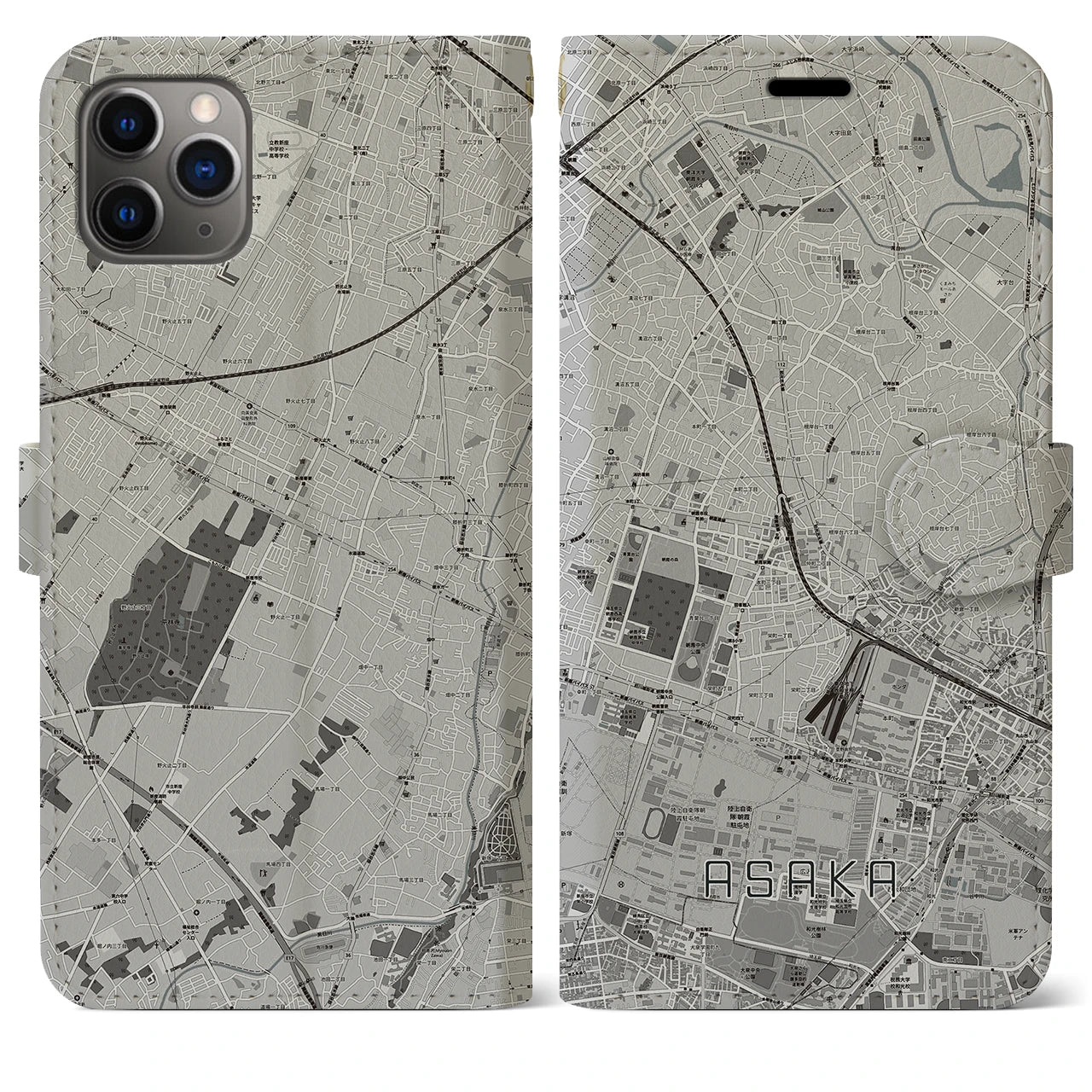 【朝霞(埼玉県)】地図柄iPhoneケース(手帳タイプ)モノトーン・iPhone 11 Pro Max 用